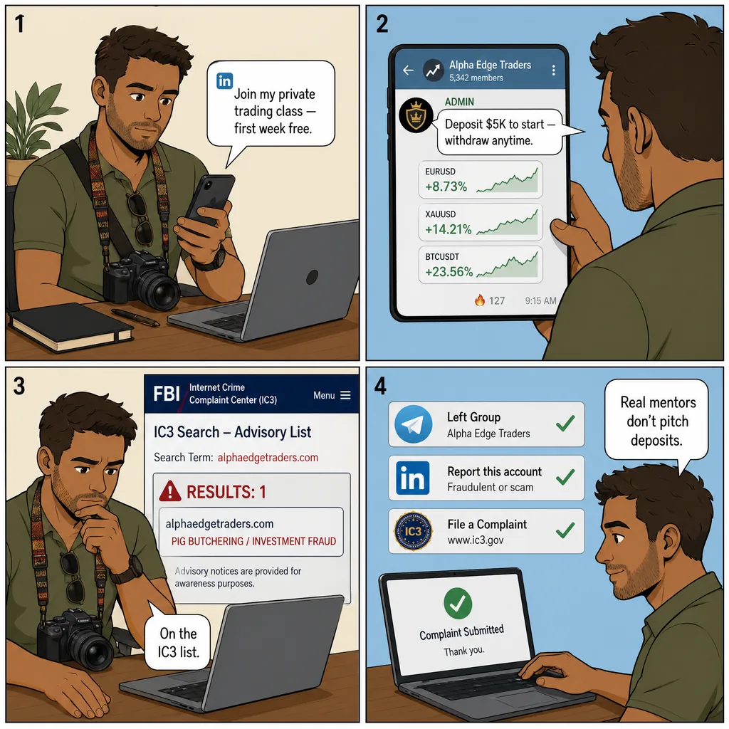 LinkedIn DM &rarr; 'Mentor / Side-Hustle Group' Trading Class — comic illustration