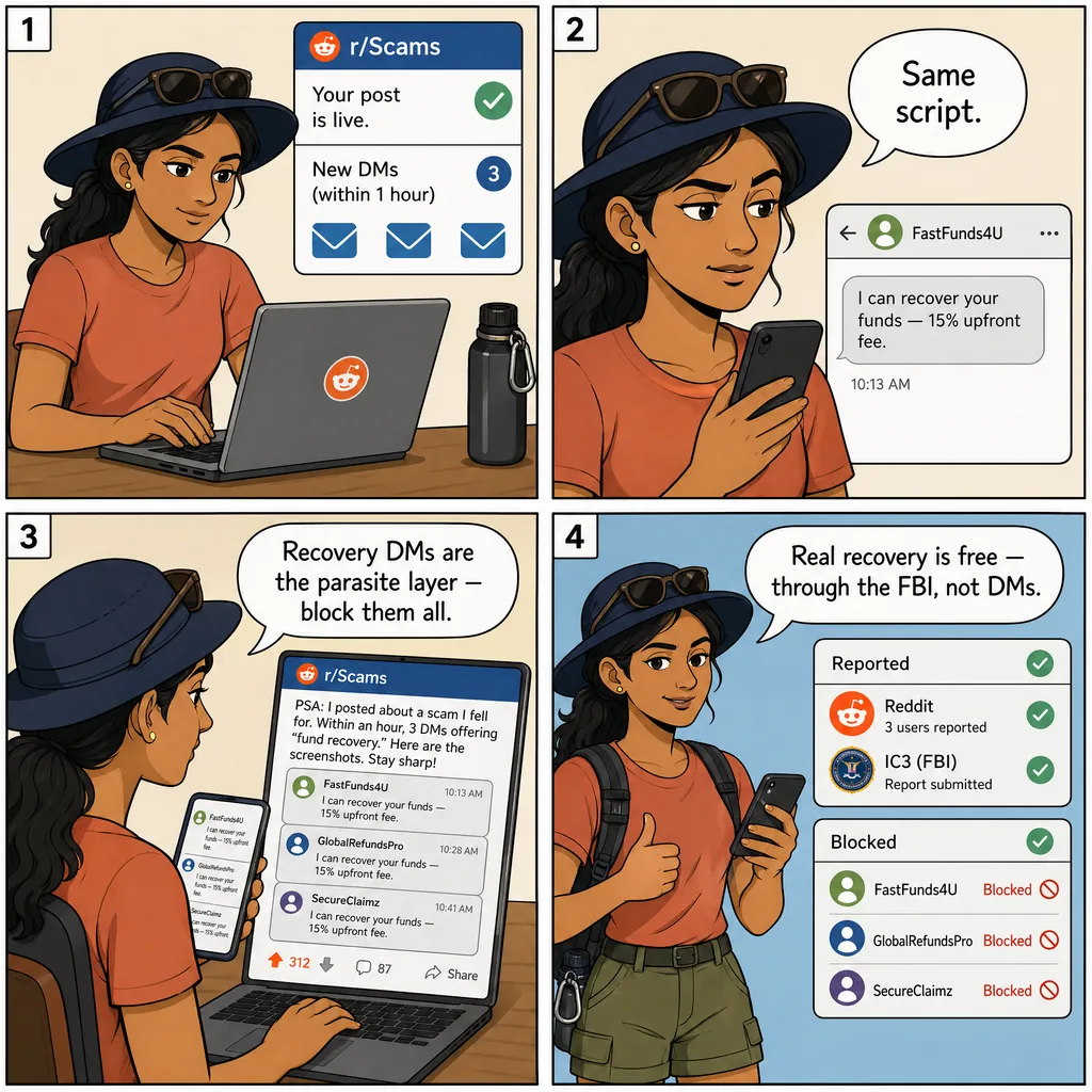 Recovery-Scam Follow-On (DMs after a public victim post) — comic illustration