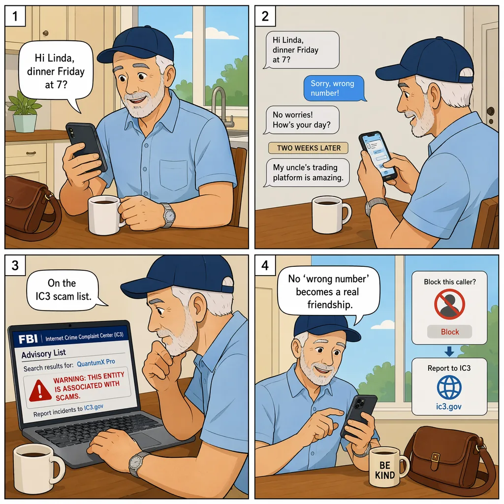 'Wrong Number' Text → Slow-Build Crypto Pitch — comic illustration