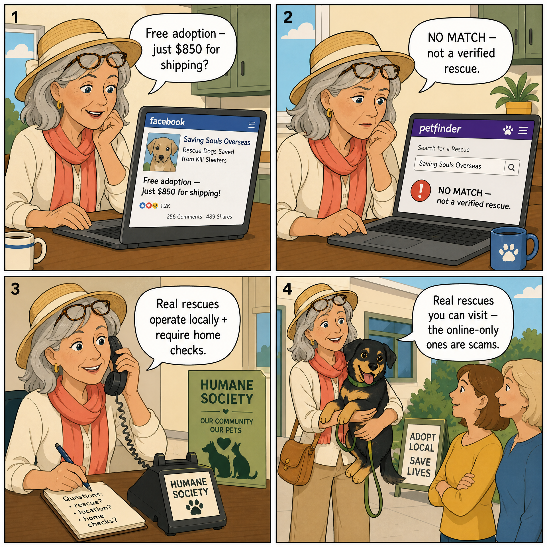 Fake Online Adoption Rescue — comic illustration