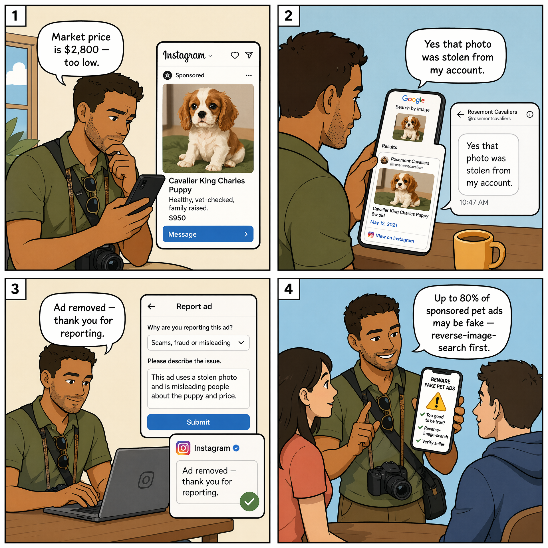 Social-Media Puppy Ad with Stolen Photos — comic illustration