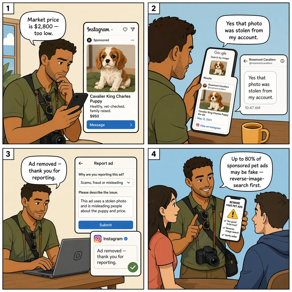 Social-Media Puppy Ad with Stolen Photos — comic illustration