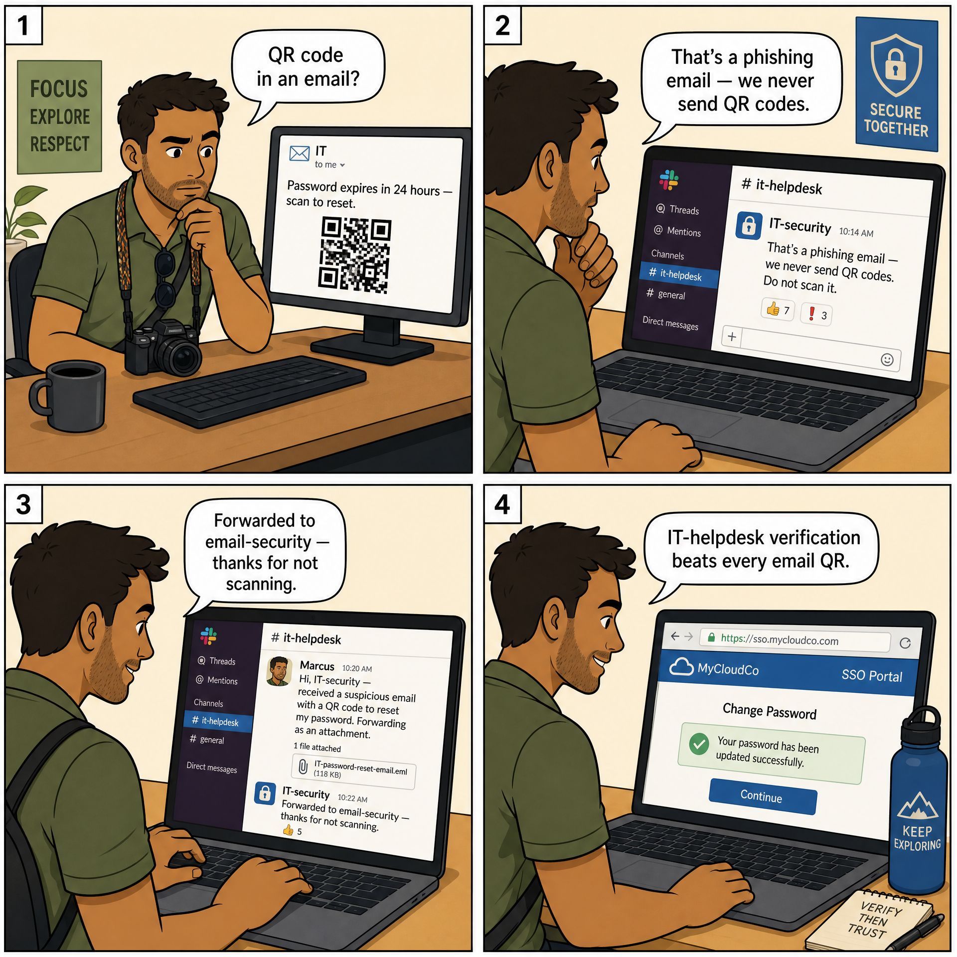 Corporate Quishing (Email-Embedded QR) — comic illustration