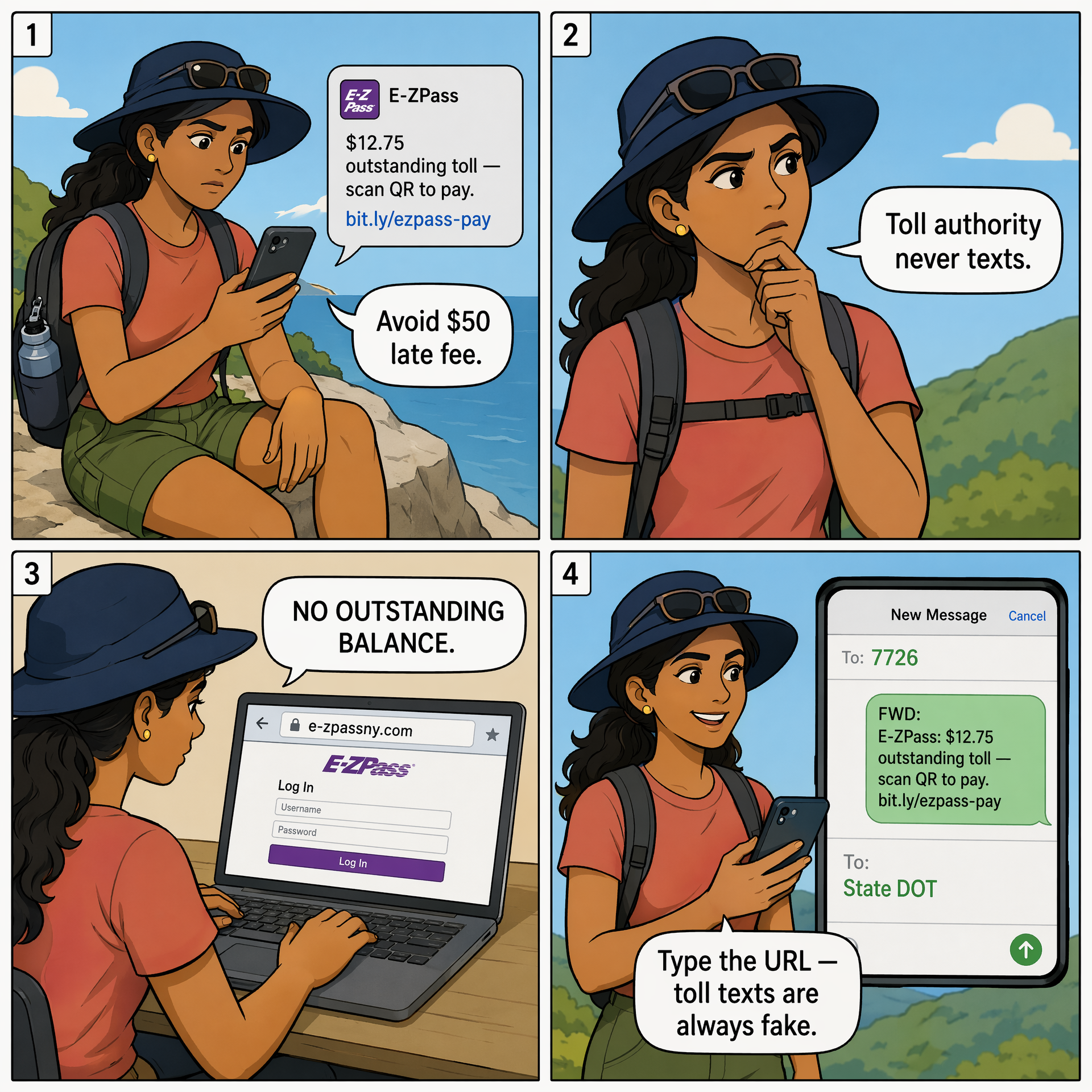 Toll-Text QR Scam (E-ZPass / Sunpass Impersonation) — comic illustration