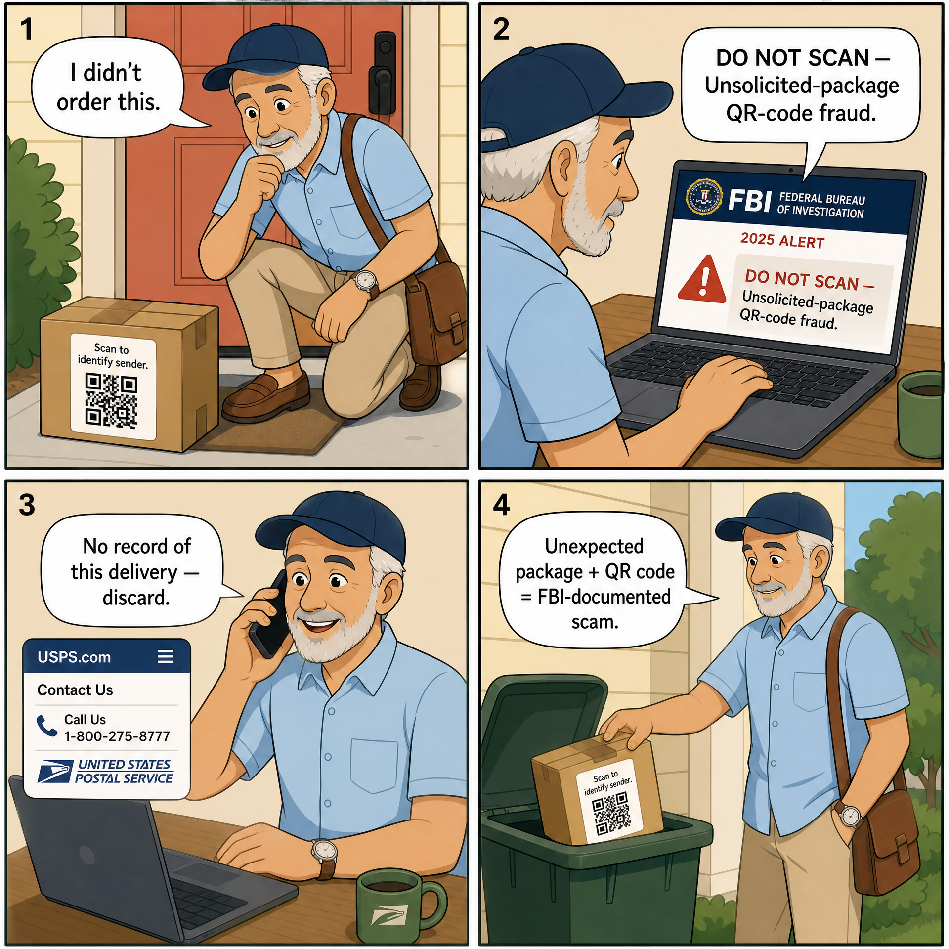 Unsolicited-Package QR Code (FBI 2025 Alert) — comic illustration