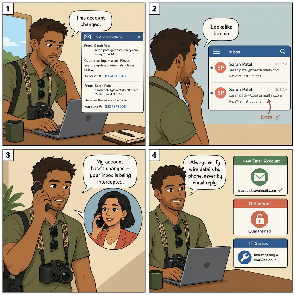Email-Editing Man-in-the-Middle ('They're Editing Our Emails') — comic illustration