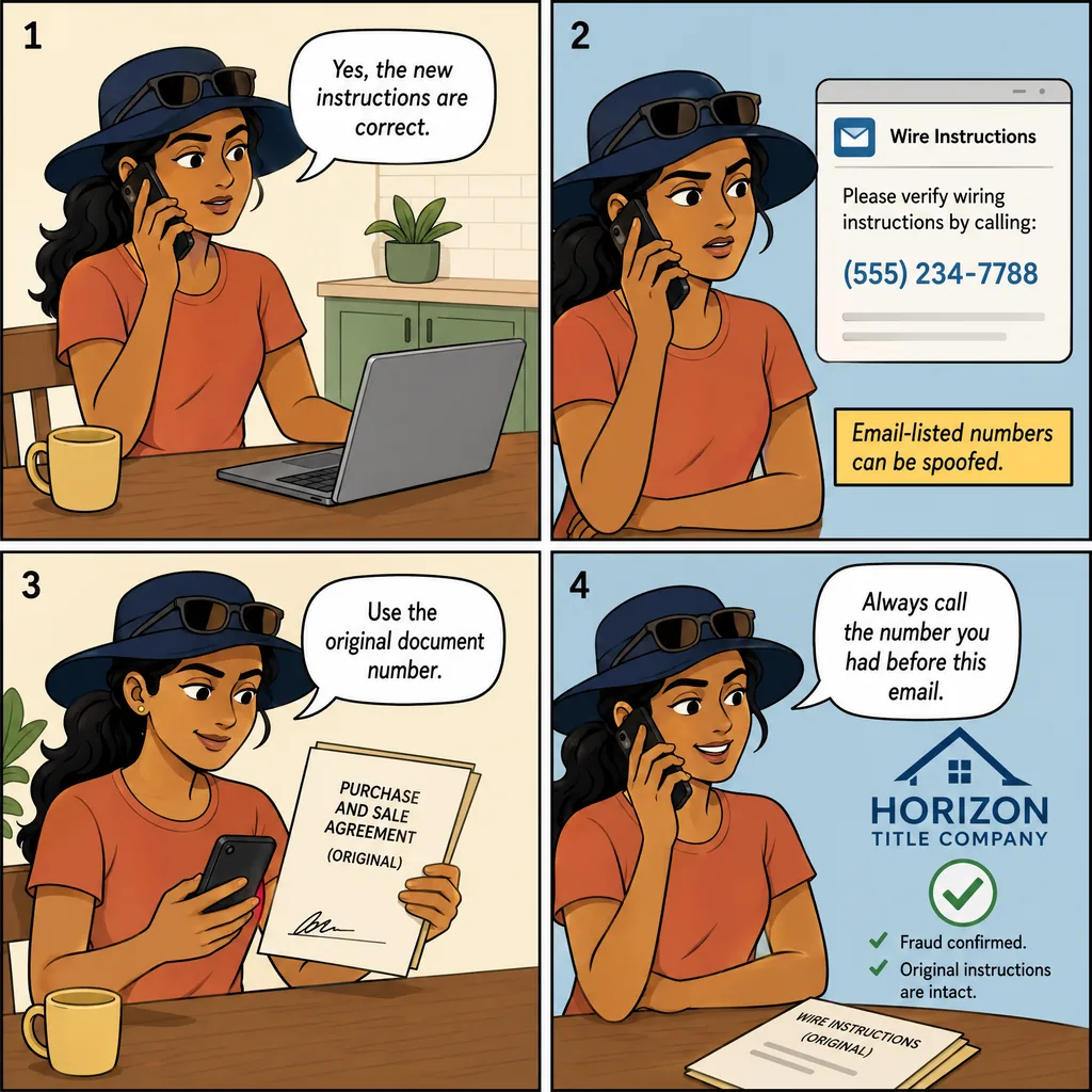 Spoofed Callback Number (defeats the call-to-verify rule) — comic illustration
