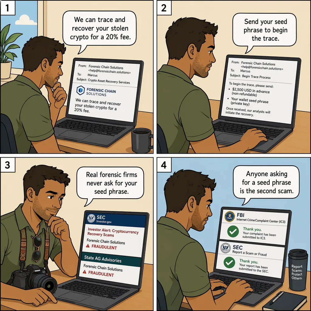 'Blockchain Forensic Expert' Crypto-Trace Recovery Pitch — comic illustration