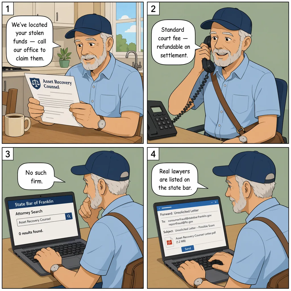 Fake Law-Firm 'Asset Recovery Counsel' Cold-Contact — comic illustration