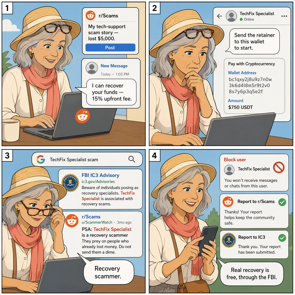 'Fund-Recovery Specialist' DM After a Public Victim Post — comic illustration