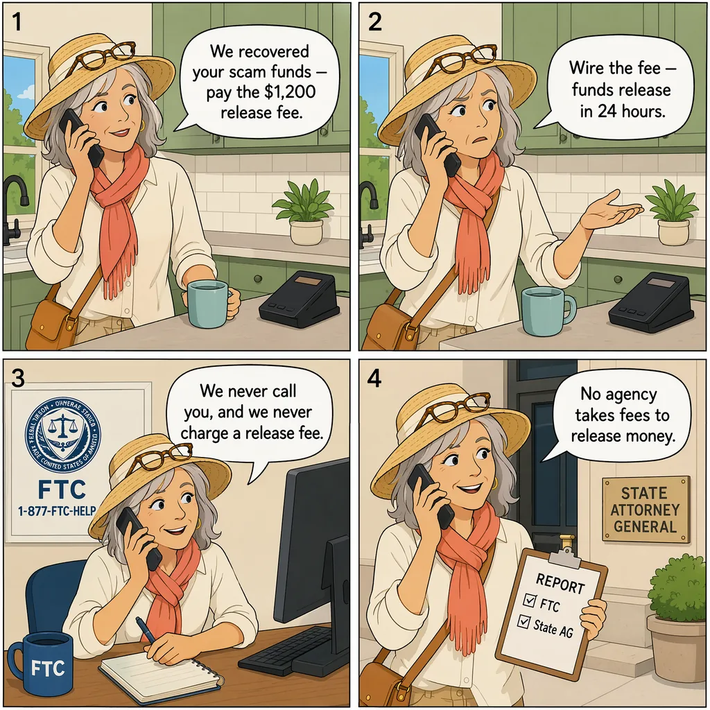 Fake Government 'Recovered Funds Release Fee' Call — comic illustration