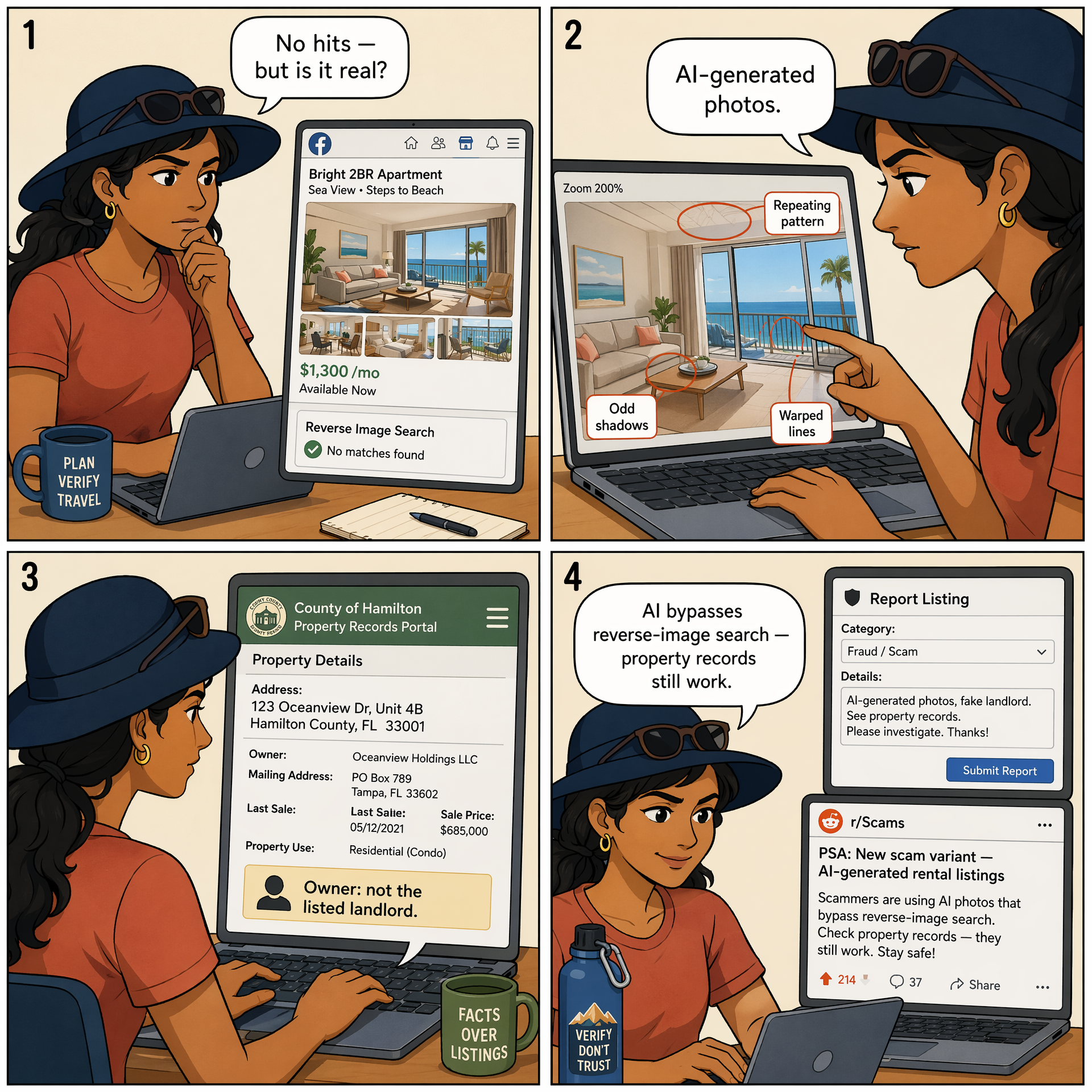 AI-Deepfake Fully-Fabricated Listing — comic illustration
