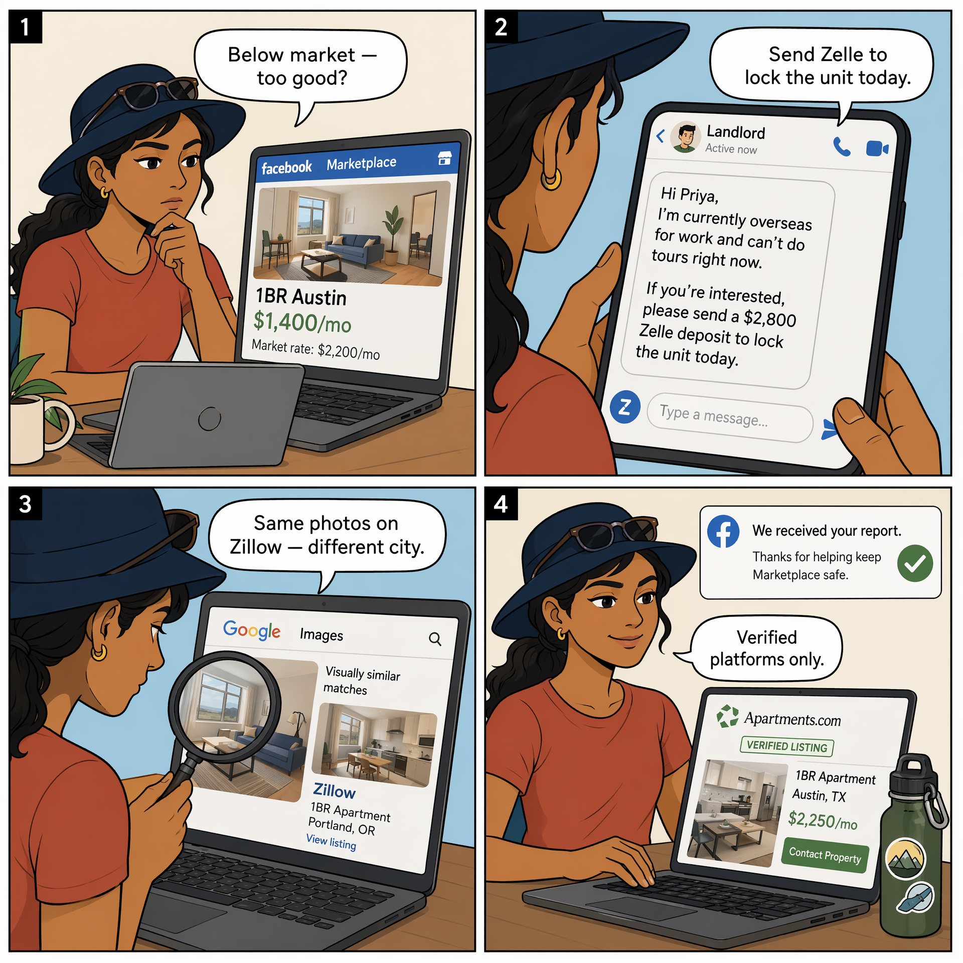 Fake Apartment Listing on Facebook Marketplace / Craigslist — comic illustration
