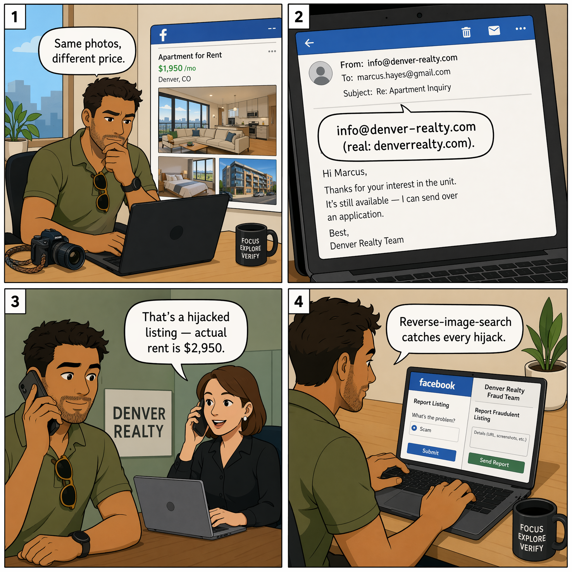 Hijacked Legitimate Zillow / Realtor.com Listing — comic illustration