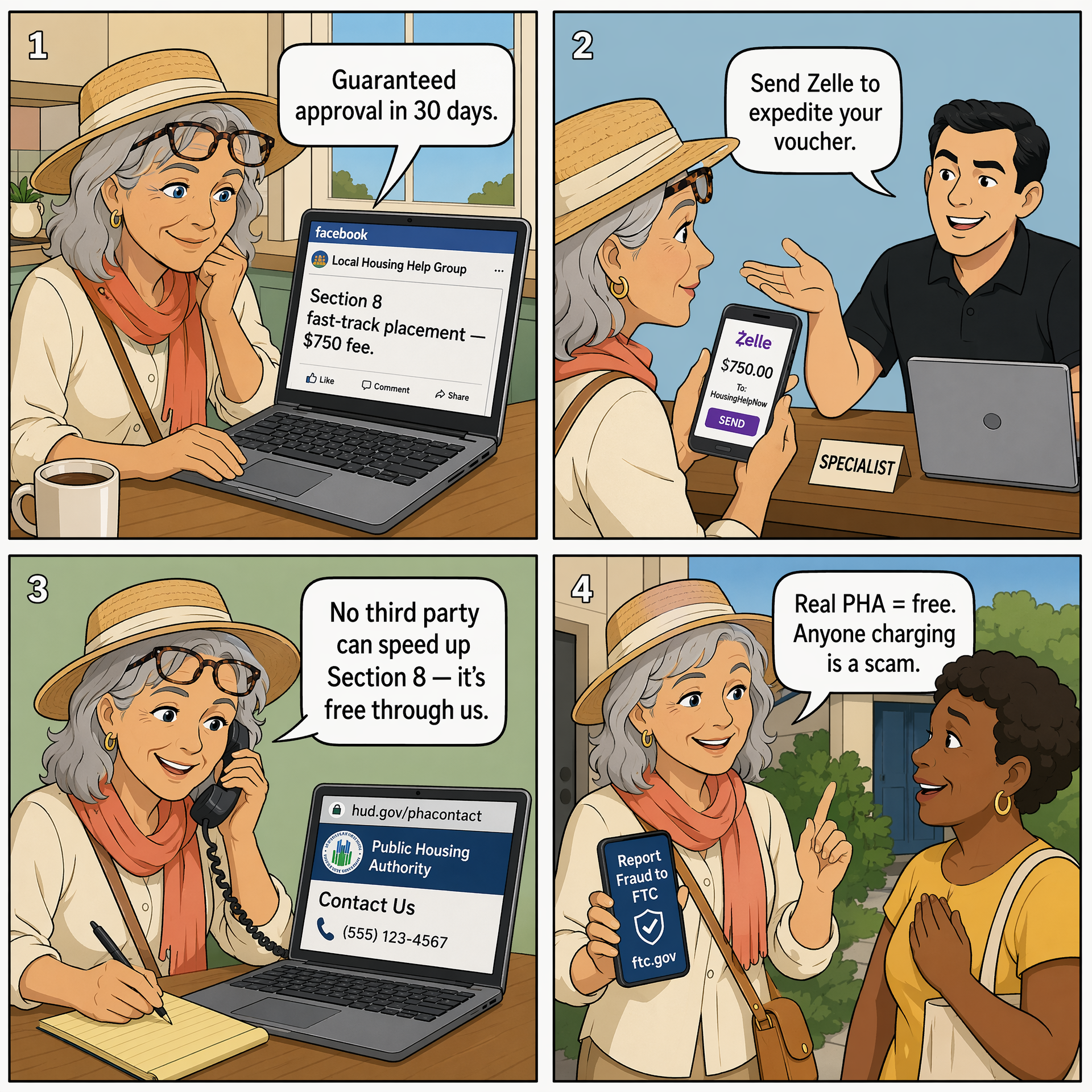 Section 8 / Housing-Voucher 'Fast-Track' Scam — comic illustration