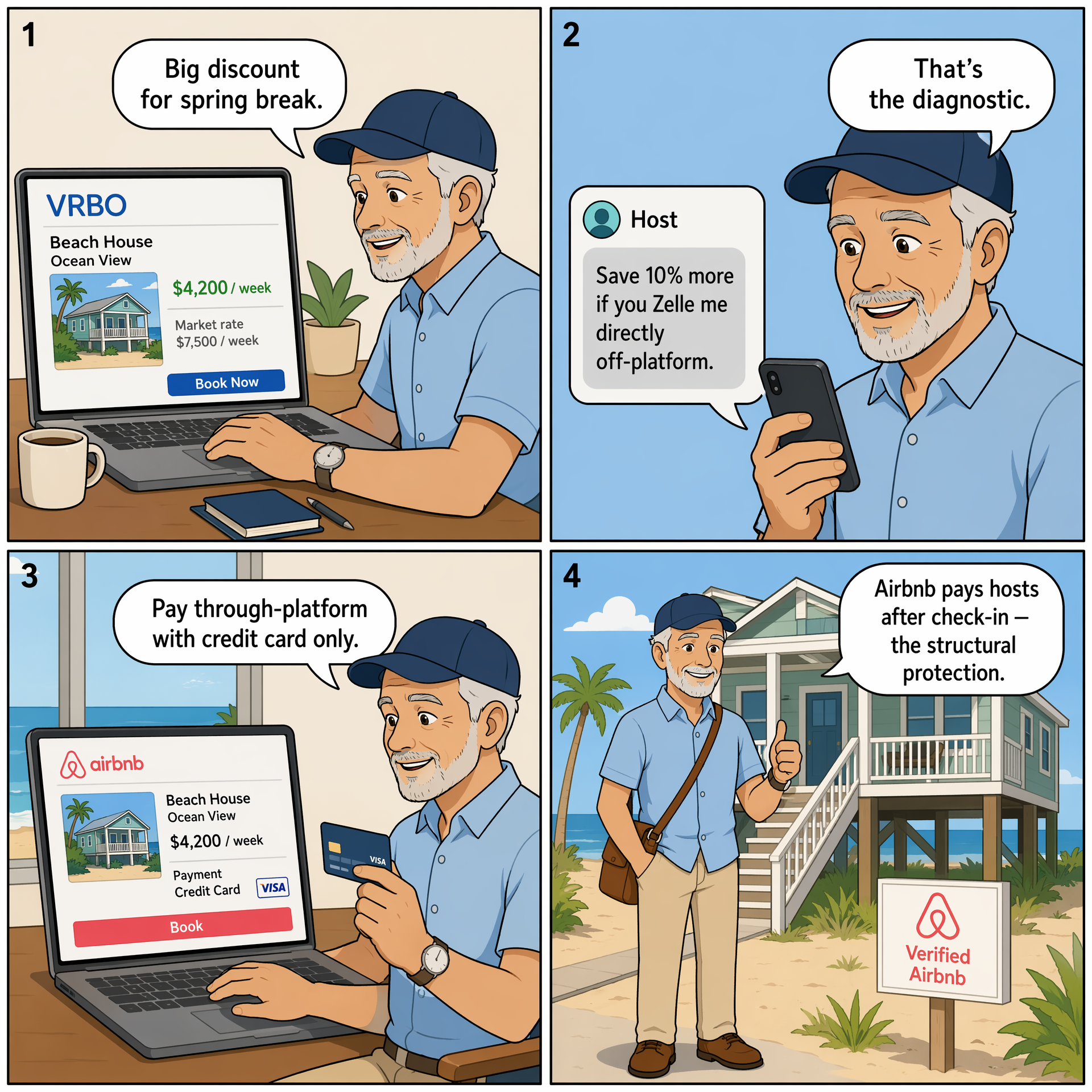 Vacation Rental Fraud (Airbnb / VRBO / Booking.com) — comic illustration