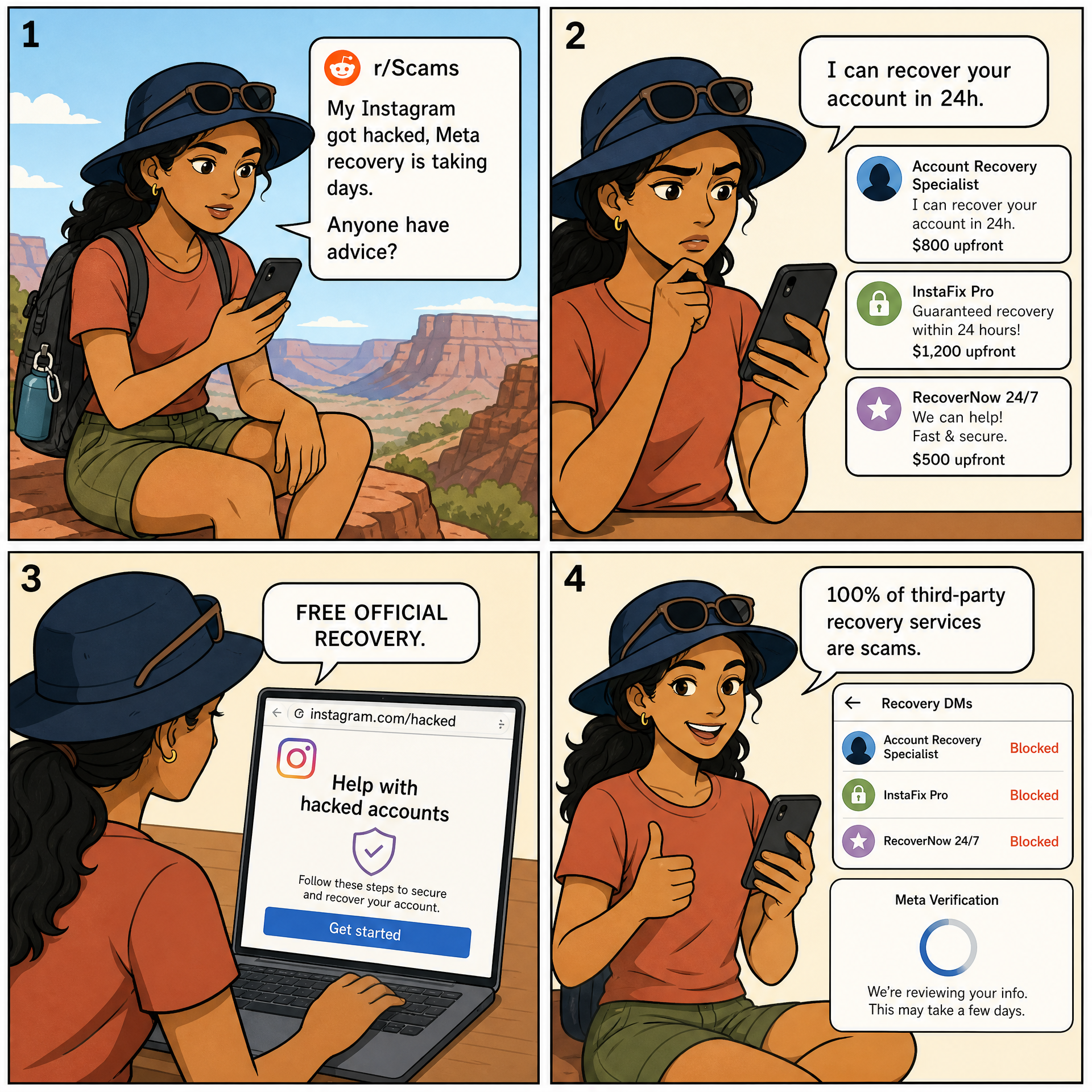 Account-Recovery Scam Follow-On (After Public Victim Post) — comic illustration