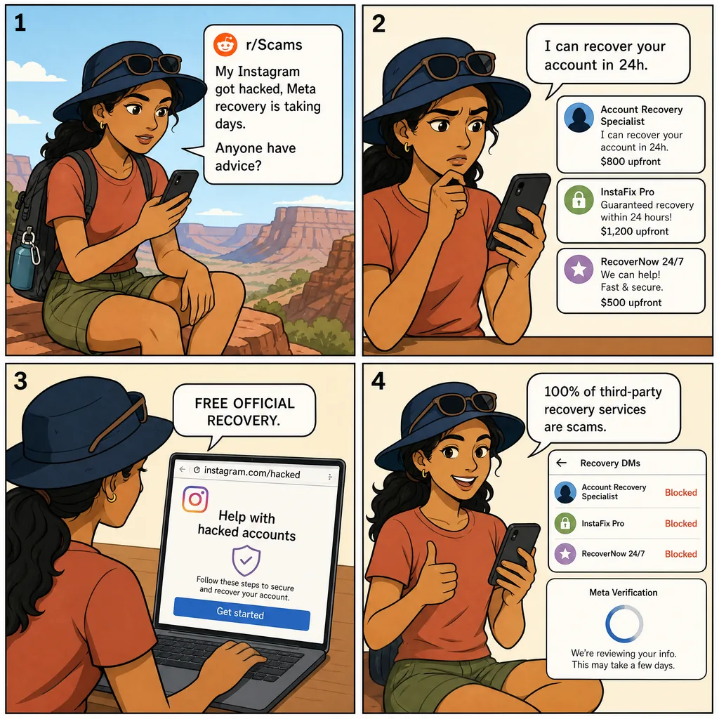 Account-Recovery Scam Follow-On (After Public Victim Post) — comic illustration