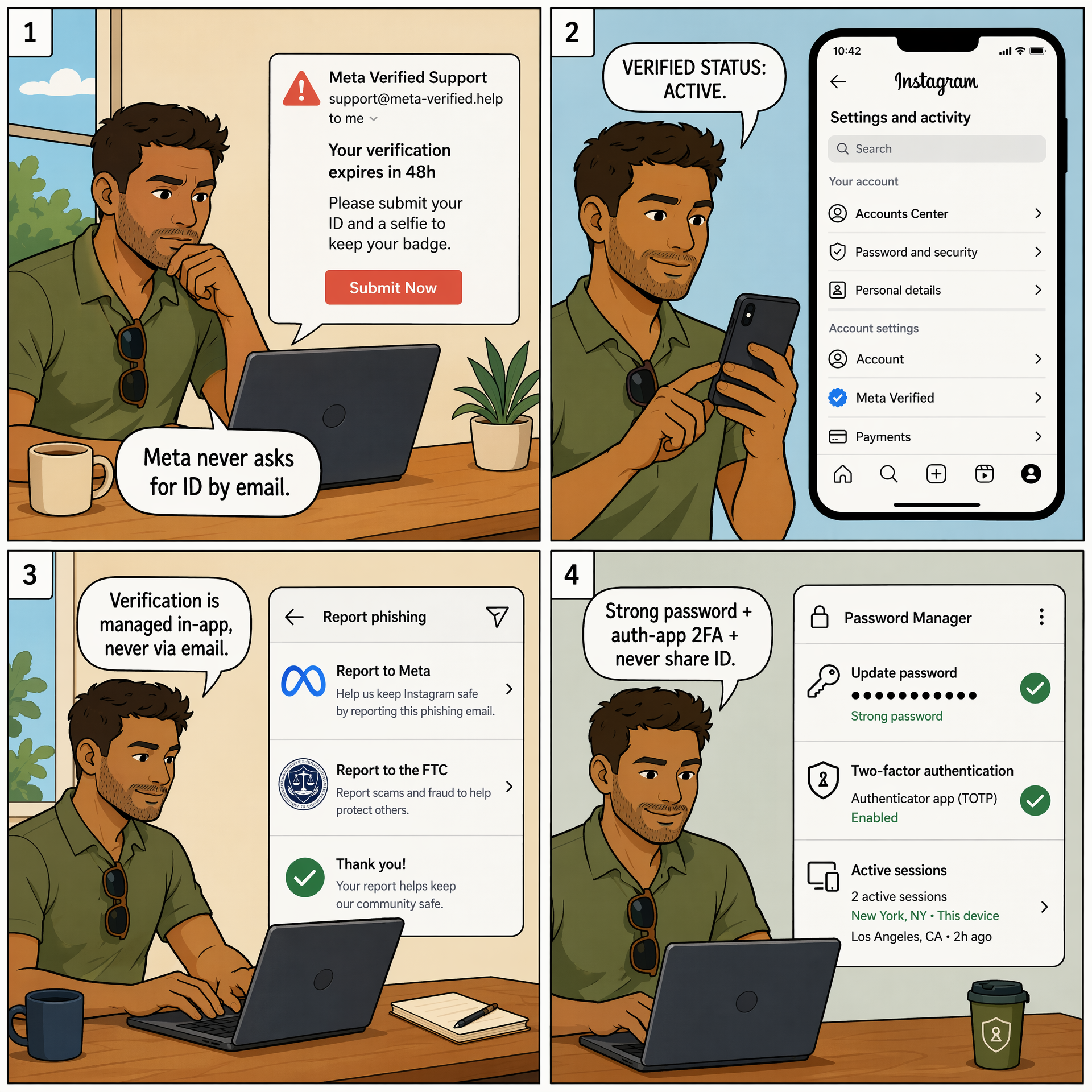 Verified-Blue-Check Verification Phishing — comic illustration