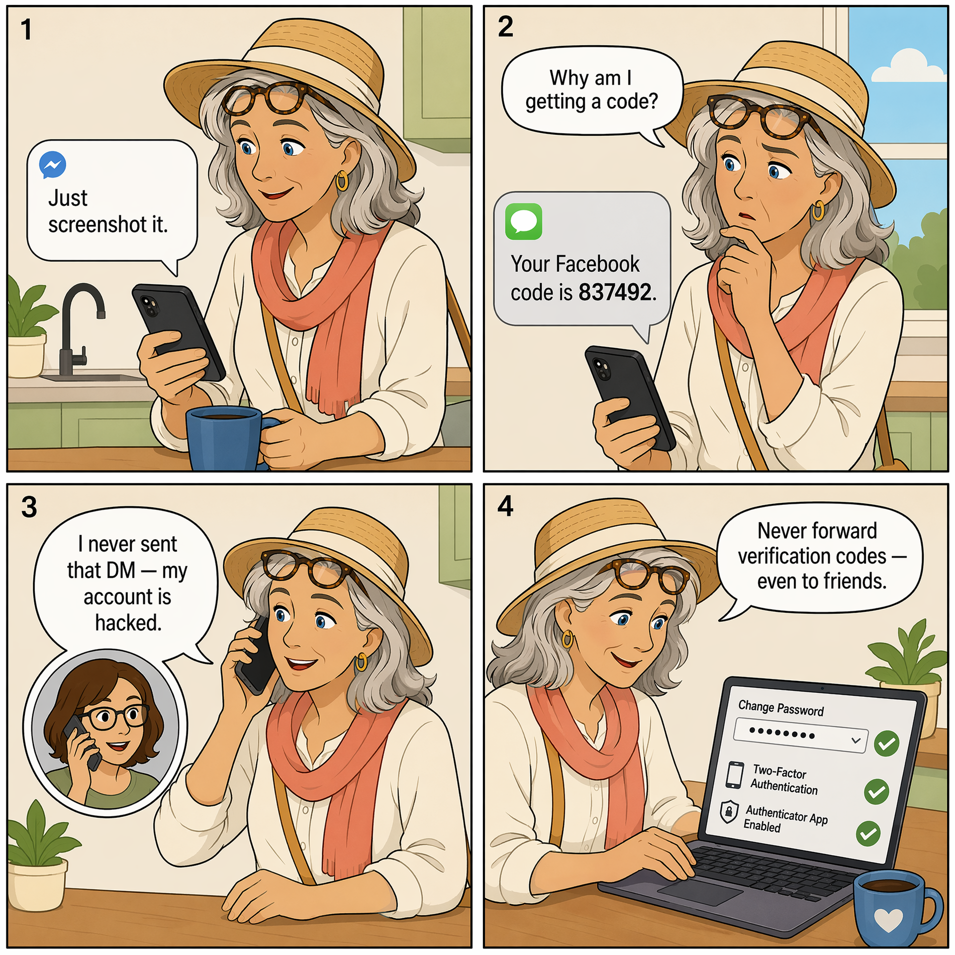 Friend-Recovery-Code Hijack ('Forward the Code') — comic illustration