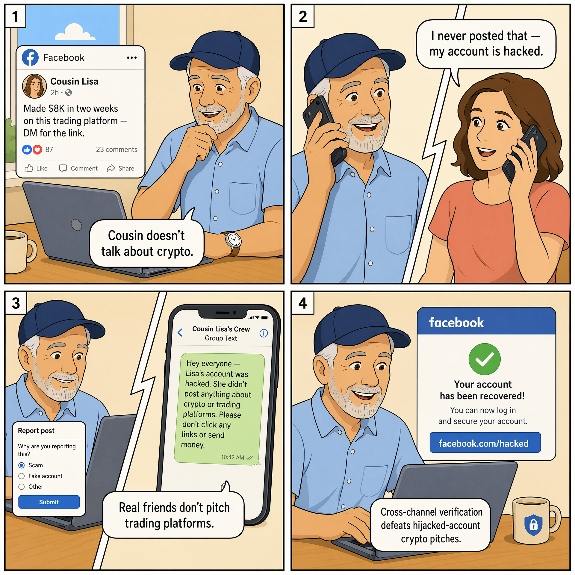 Crypto / Investment Posts from Hijacked-Friend Account — comic illustration
