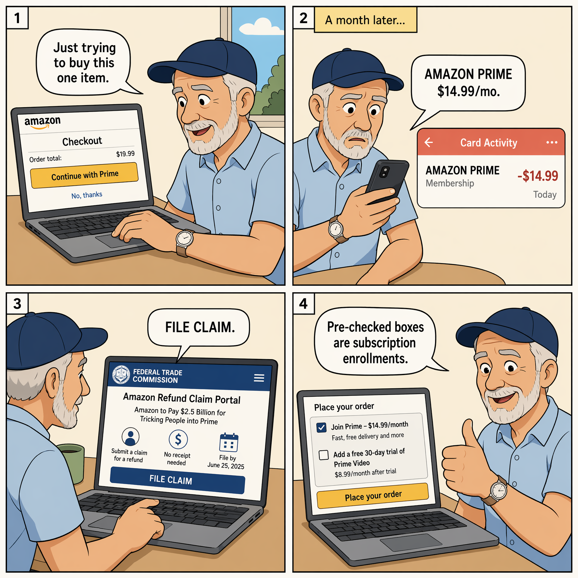 Bundled-Checkout Subscriptions (Pre-Checked Boxes) — comic illustration