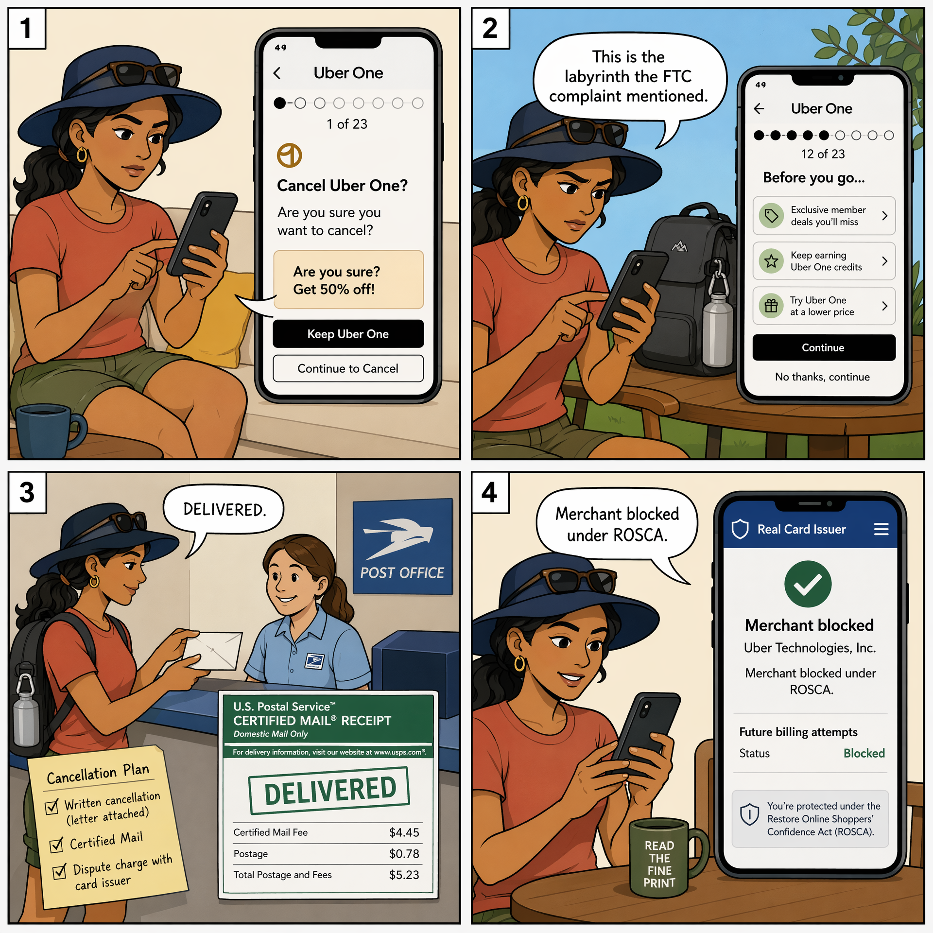 Cancellation Labyrinths (Uber 23 Screens, Gym Certified-Mail) — comic illustration