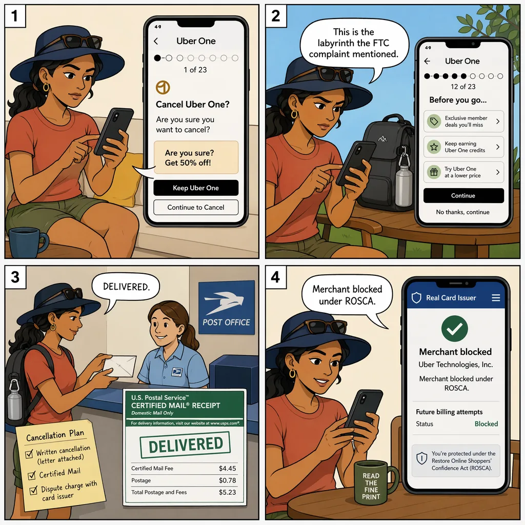 Cancellation Labyrinths (Uber 23 Screens, Gym Certified-Mail) — comic illustration