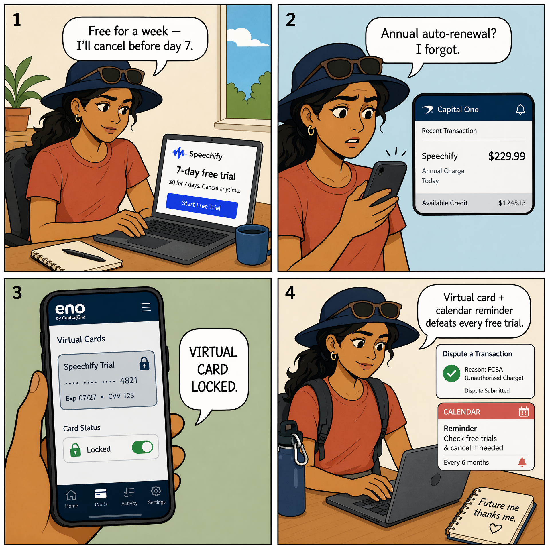Free-Trial Auto-Enrollment ($0 → $9-$229/month) — comic illustration