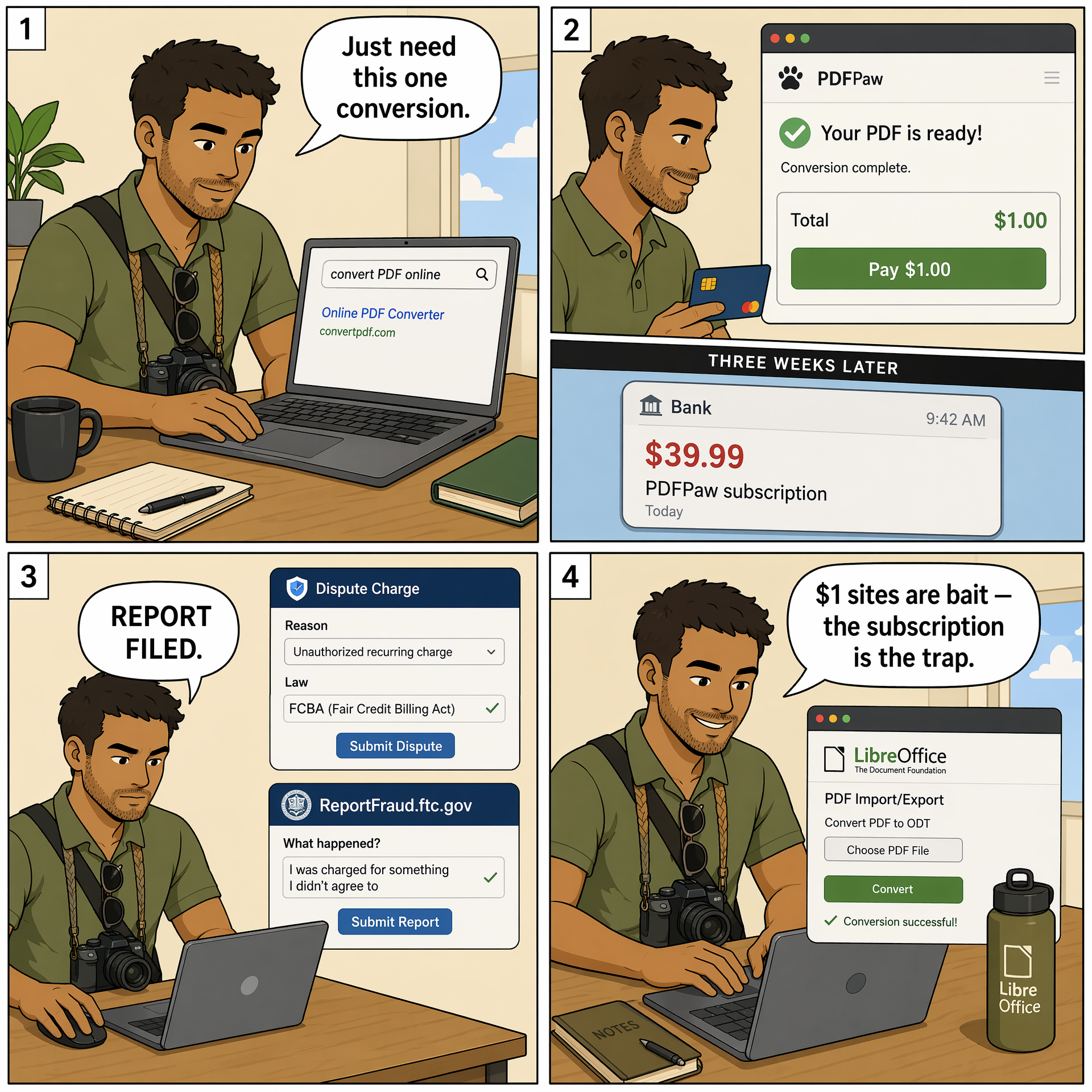 Hidden-Subscription PDF / AI / Utility Apps — comic illustration