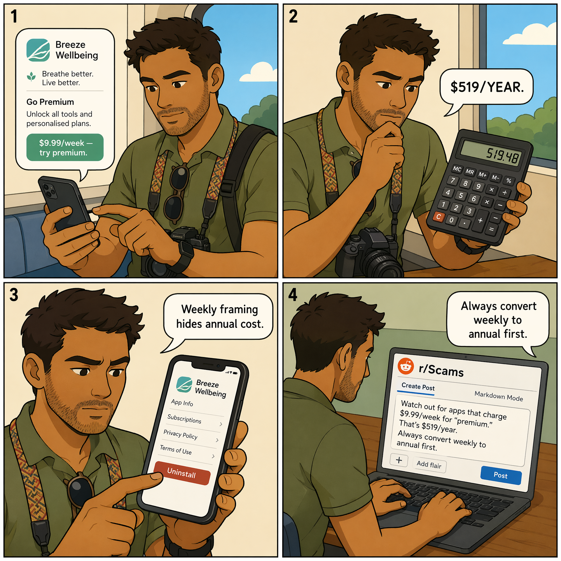 AI / Wellness App Weekly-Billing Traps — comic illustration