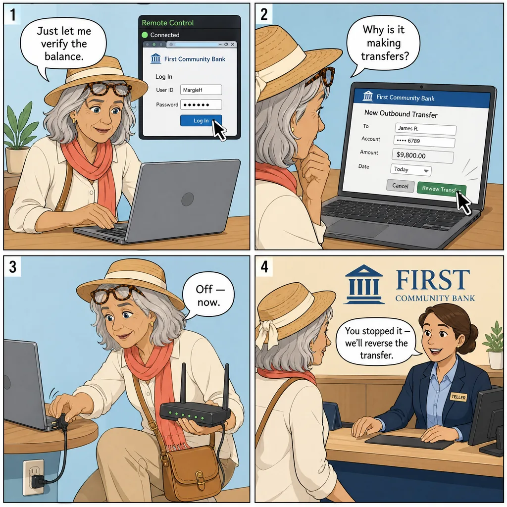 Bank-Drain via Remote-Controlled Browser — comic illustration