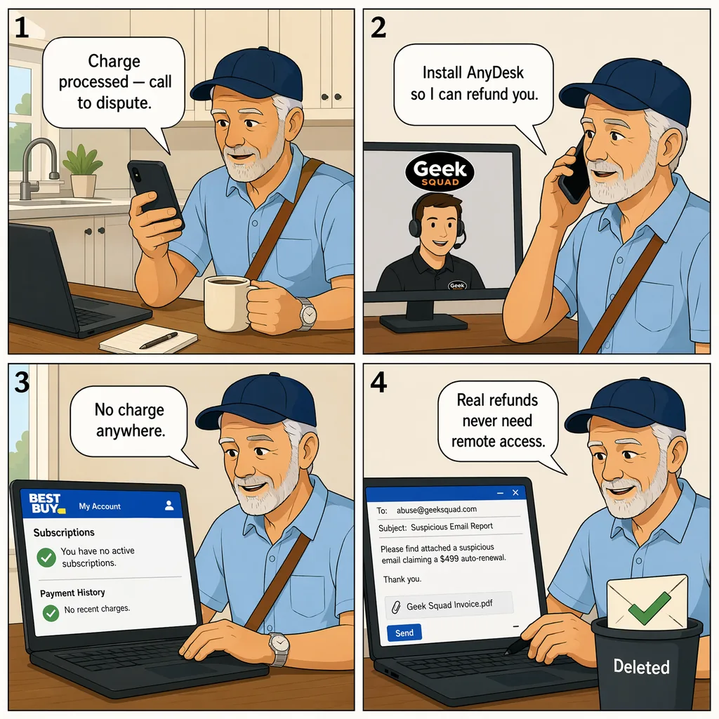 Geek Squad / Norton 'Auto-Renewal' Email Refund Trap — comic illustration