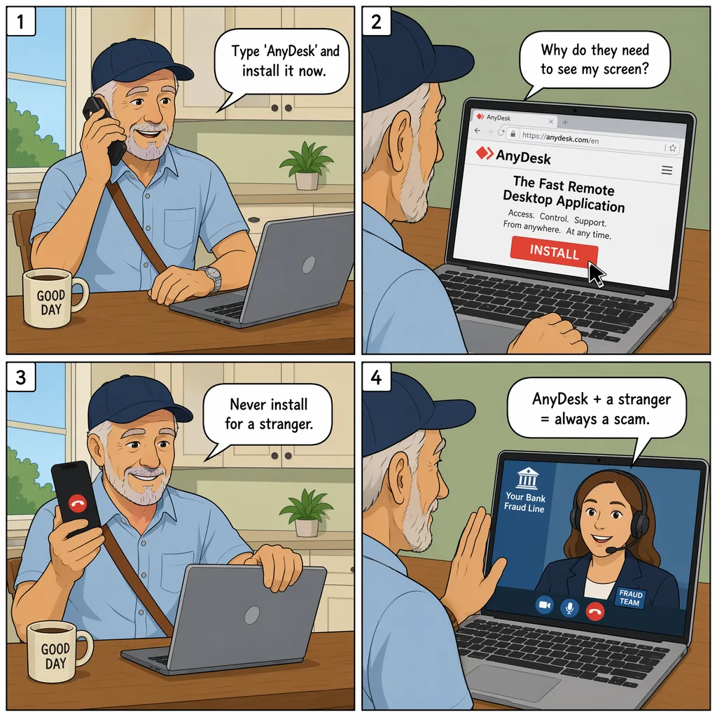 Remote-Access Installation (ConnectWise / AnyDesk / Quick Assist) — comic illustration