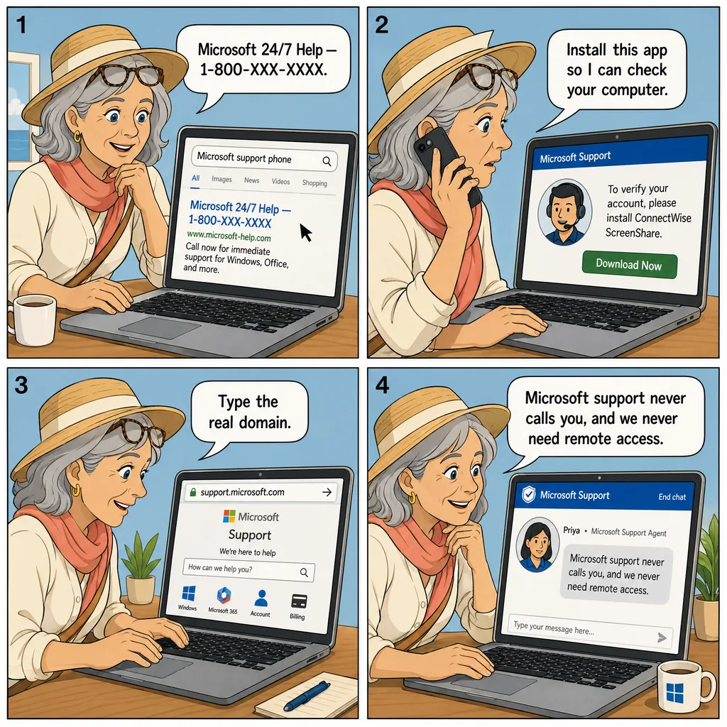 SEO-Poisoned 'Microsoft Support' Google Number — comic illustration