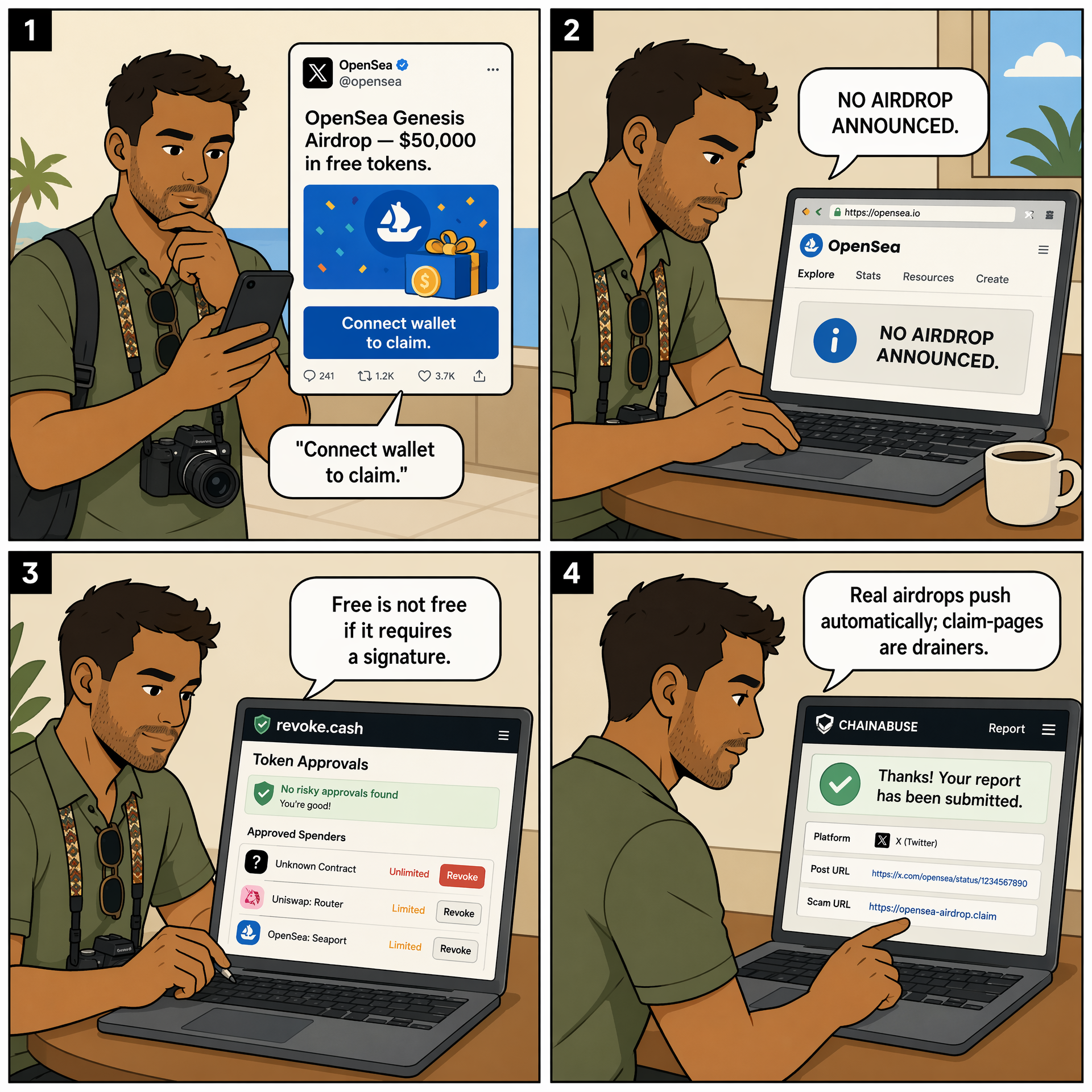 Fake Airdrop (Wallet-Connect Phishing) — comic illustration