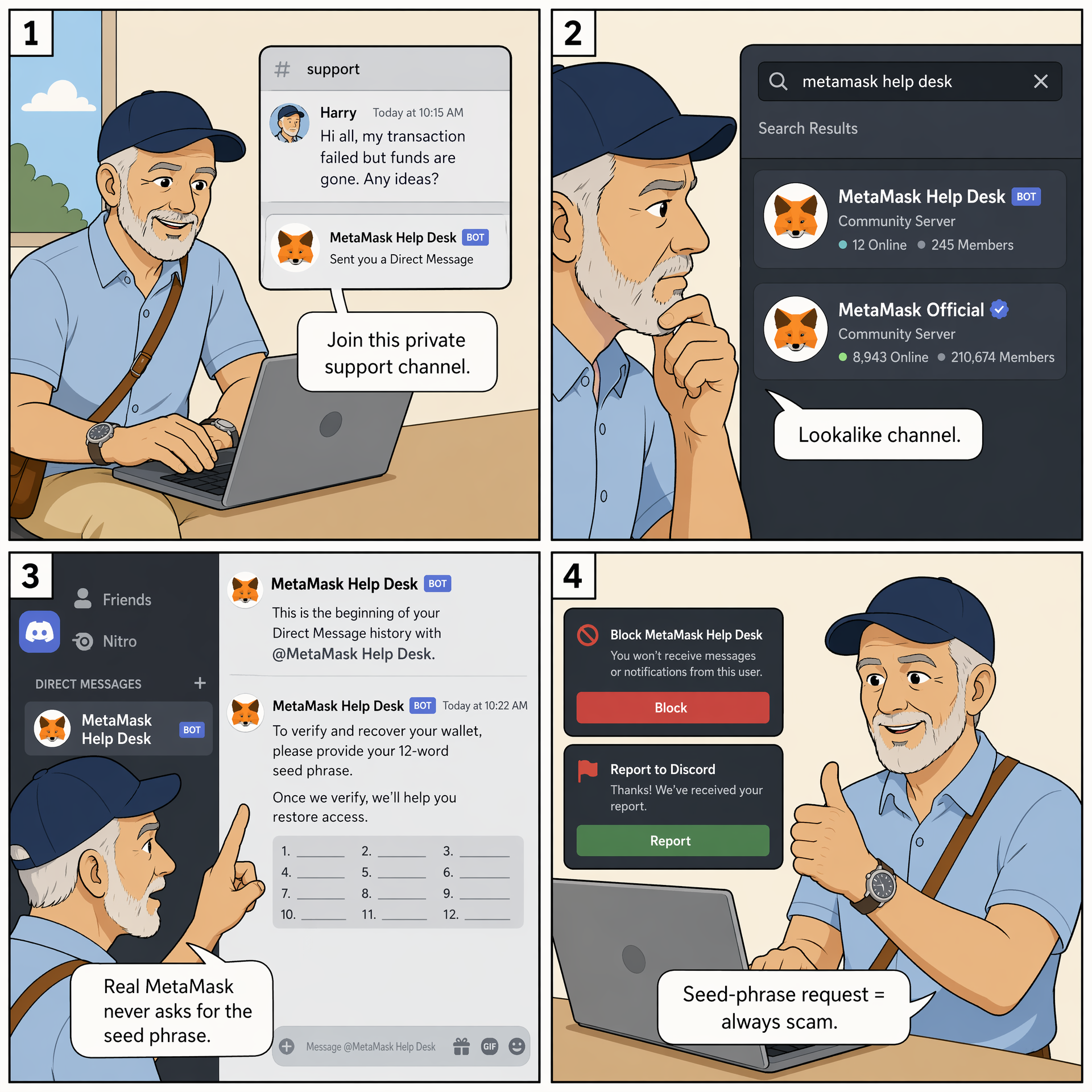 Fake Telegram Support Channels — comic illustration