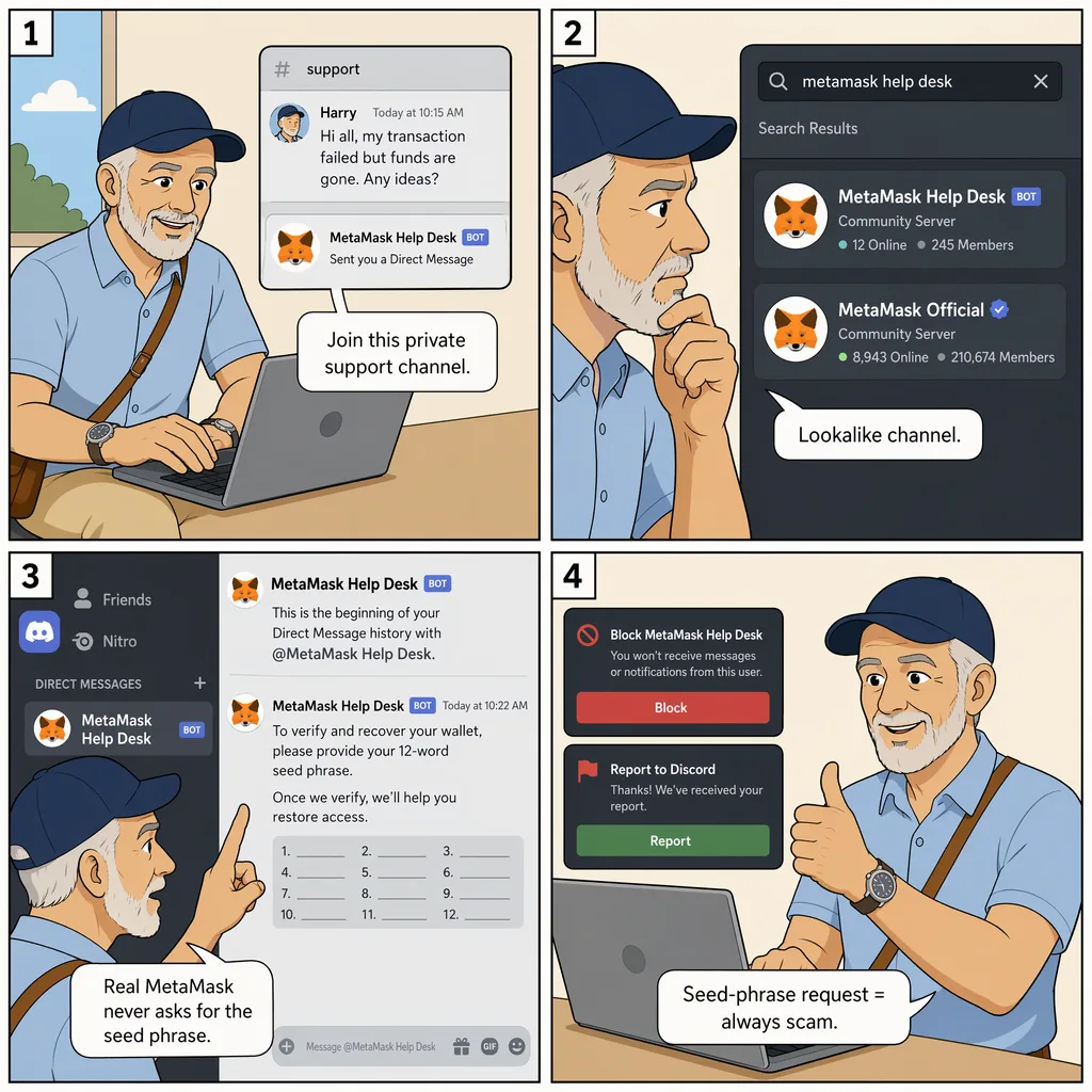 Fake Telegram Support Channels — comic illustration