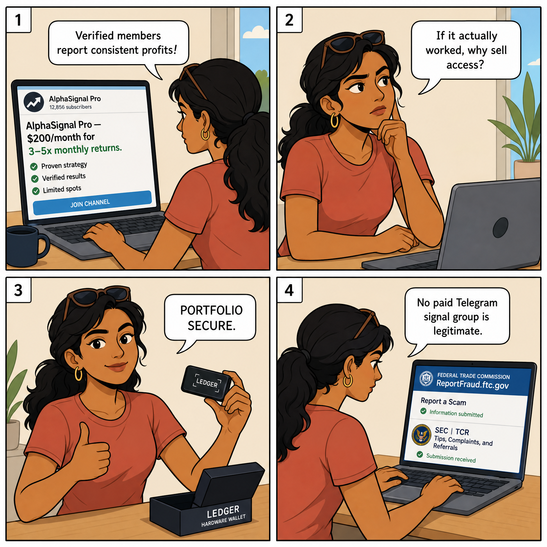 Fake Trading-Bot / Signal-Group Subscription — comic illustration