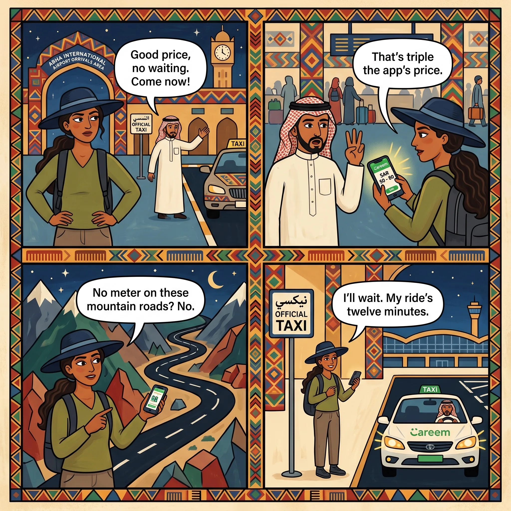 Abha Airport & Mountain-Road Off-App Taxi Overcharge — comic illustration