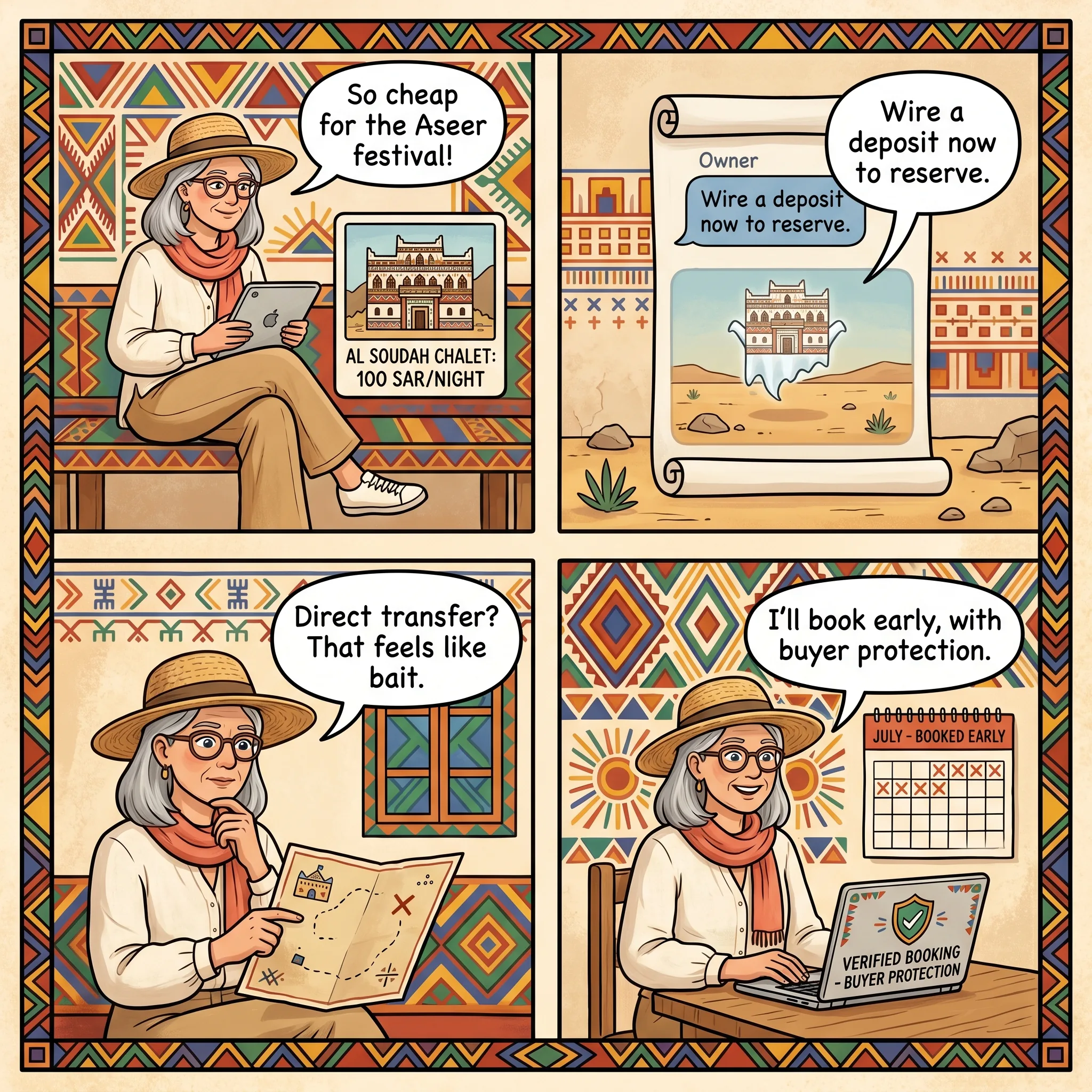 Aseer Season Chalet & Istiraha Booking Fraud — comic illustration