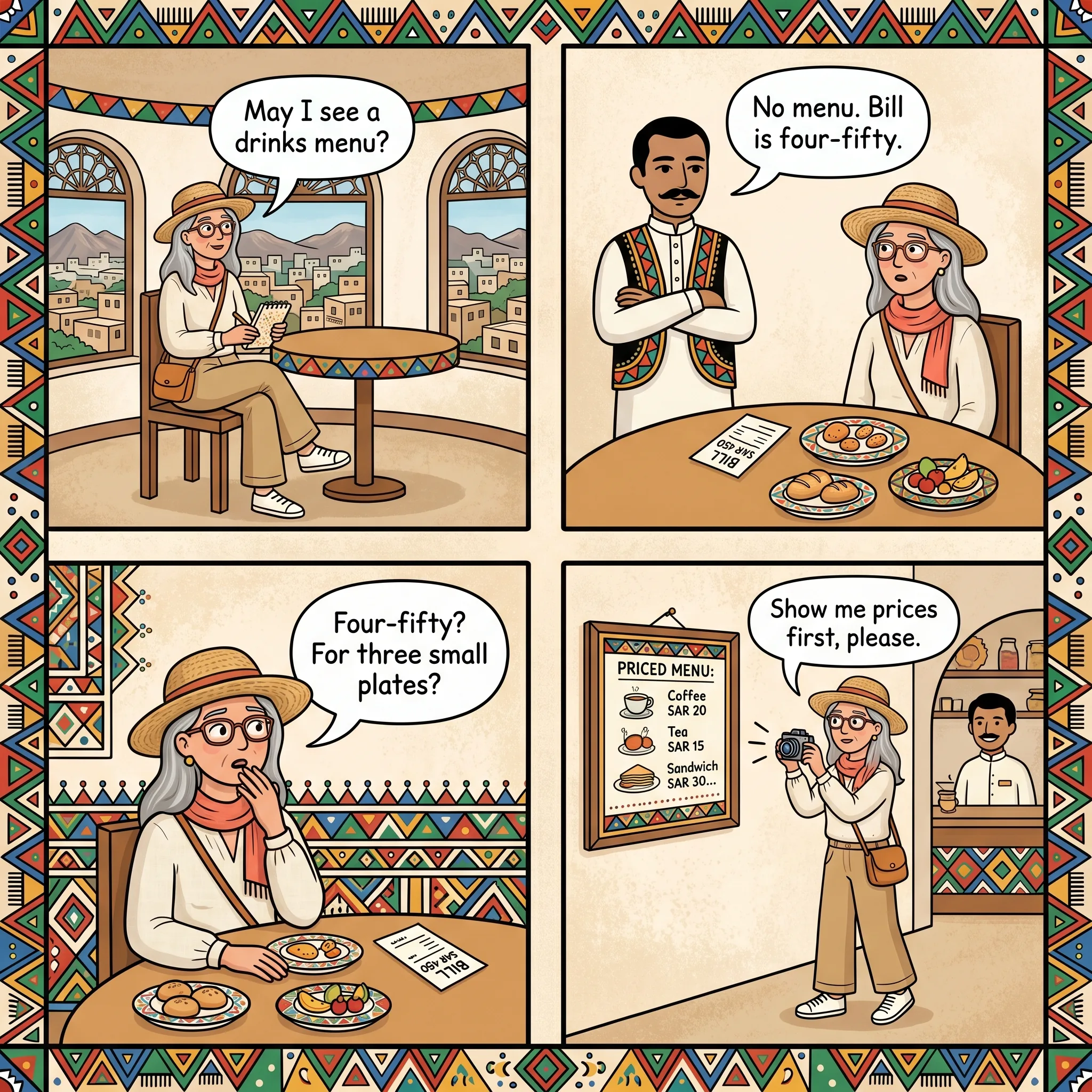 The Revolving-Restaurant Surprise Bill — comic illustration