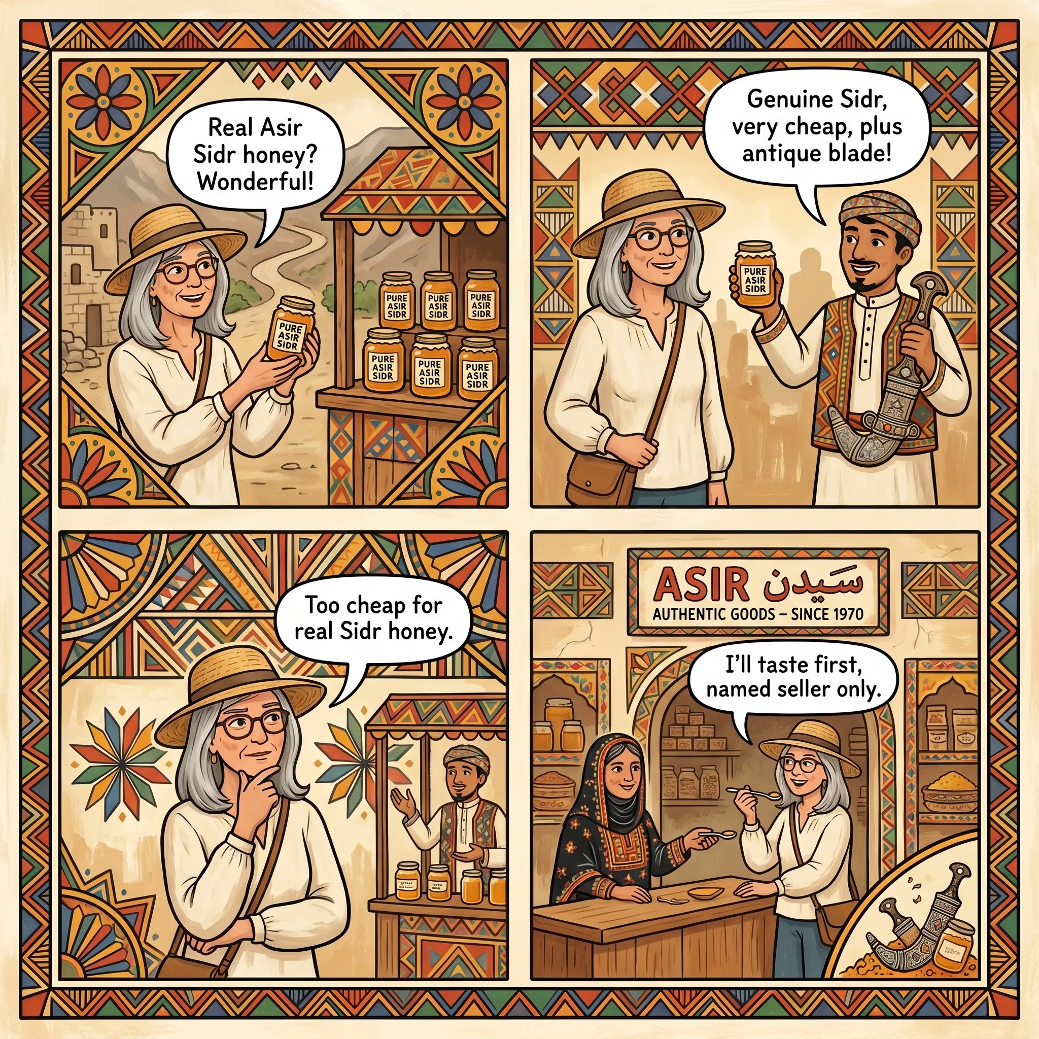 Fake Pure Asir Sidr Honey & Tourist-Grade Jambiya — comic illustration