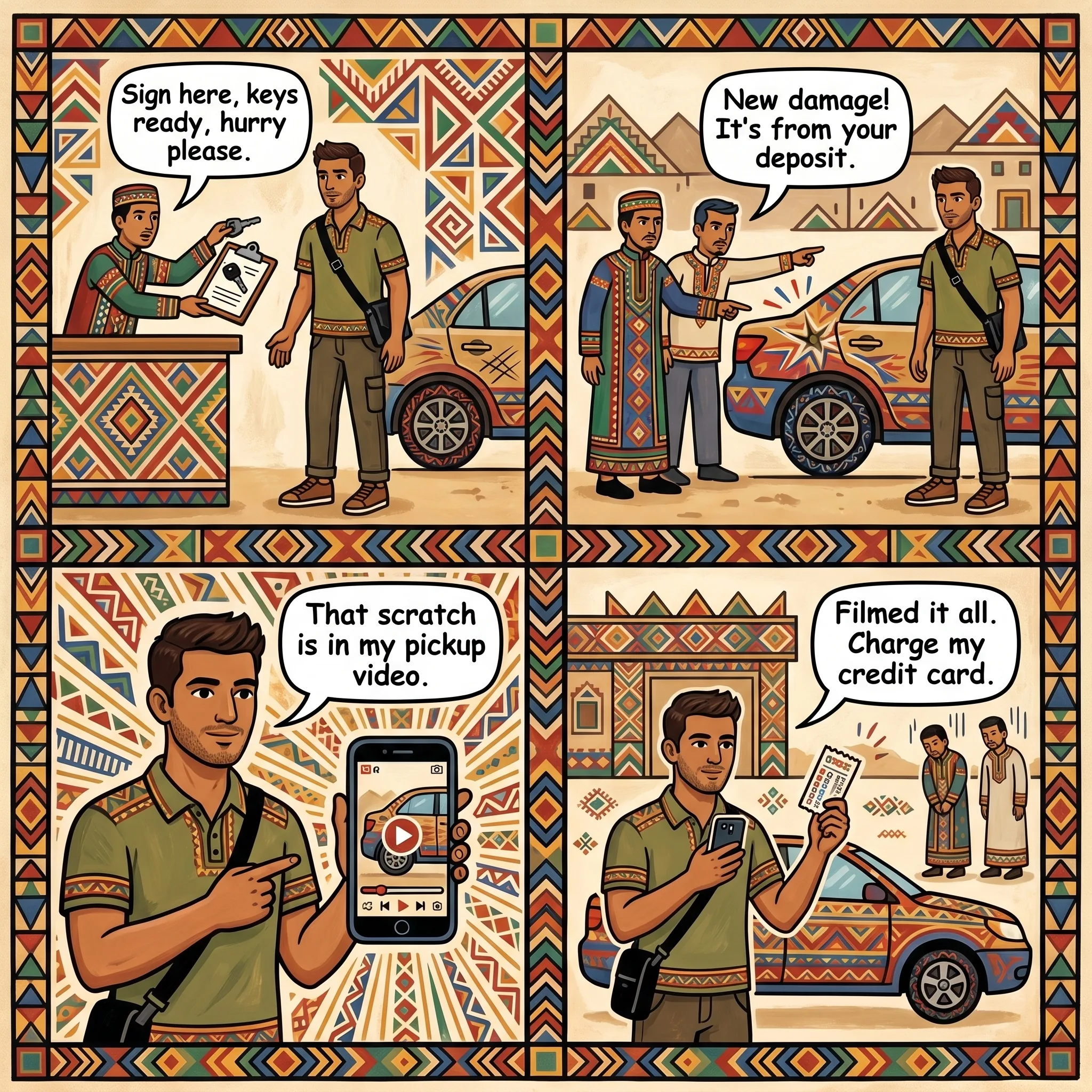 Rental-Car Pre-Existing Damage Charge — comic illustration