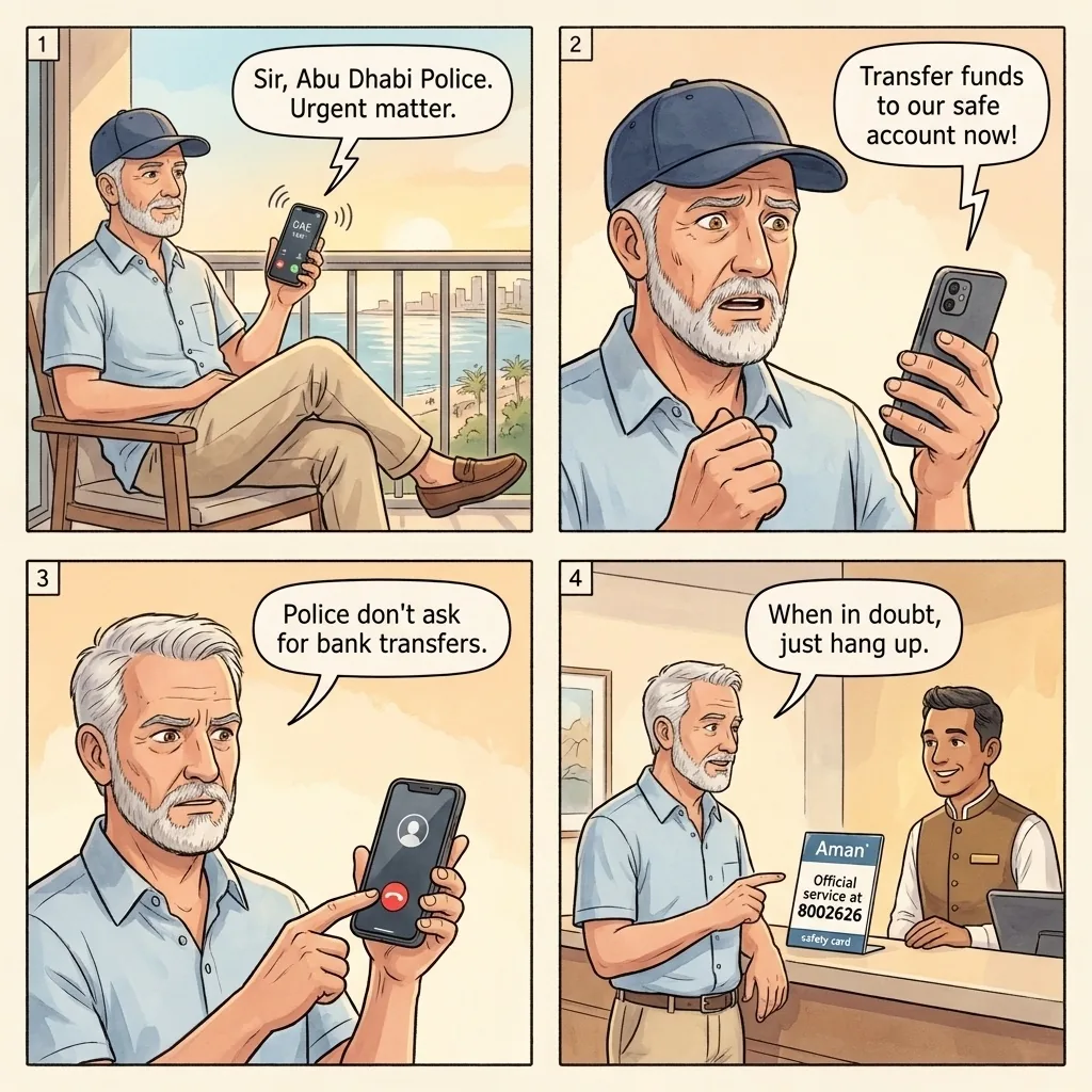Abu Dhabi Police phone-call shakedown — comic illustration