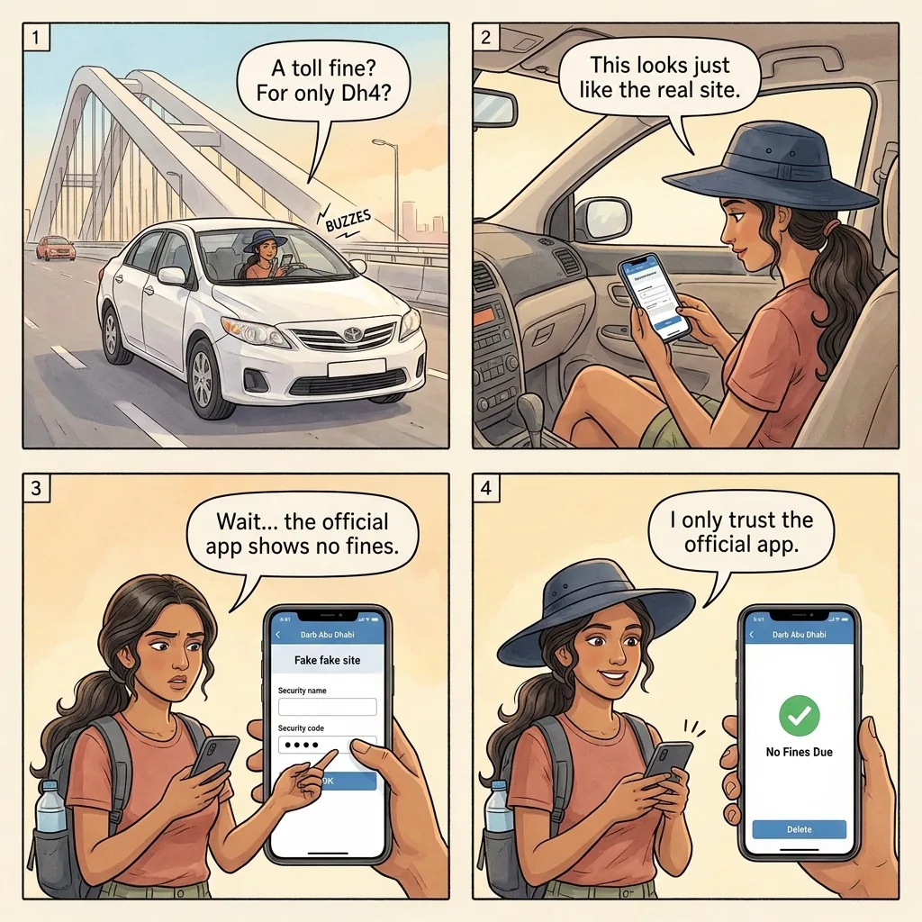 Darb fake-fine SMS phishing — comic illustration