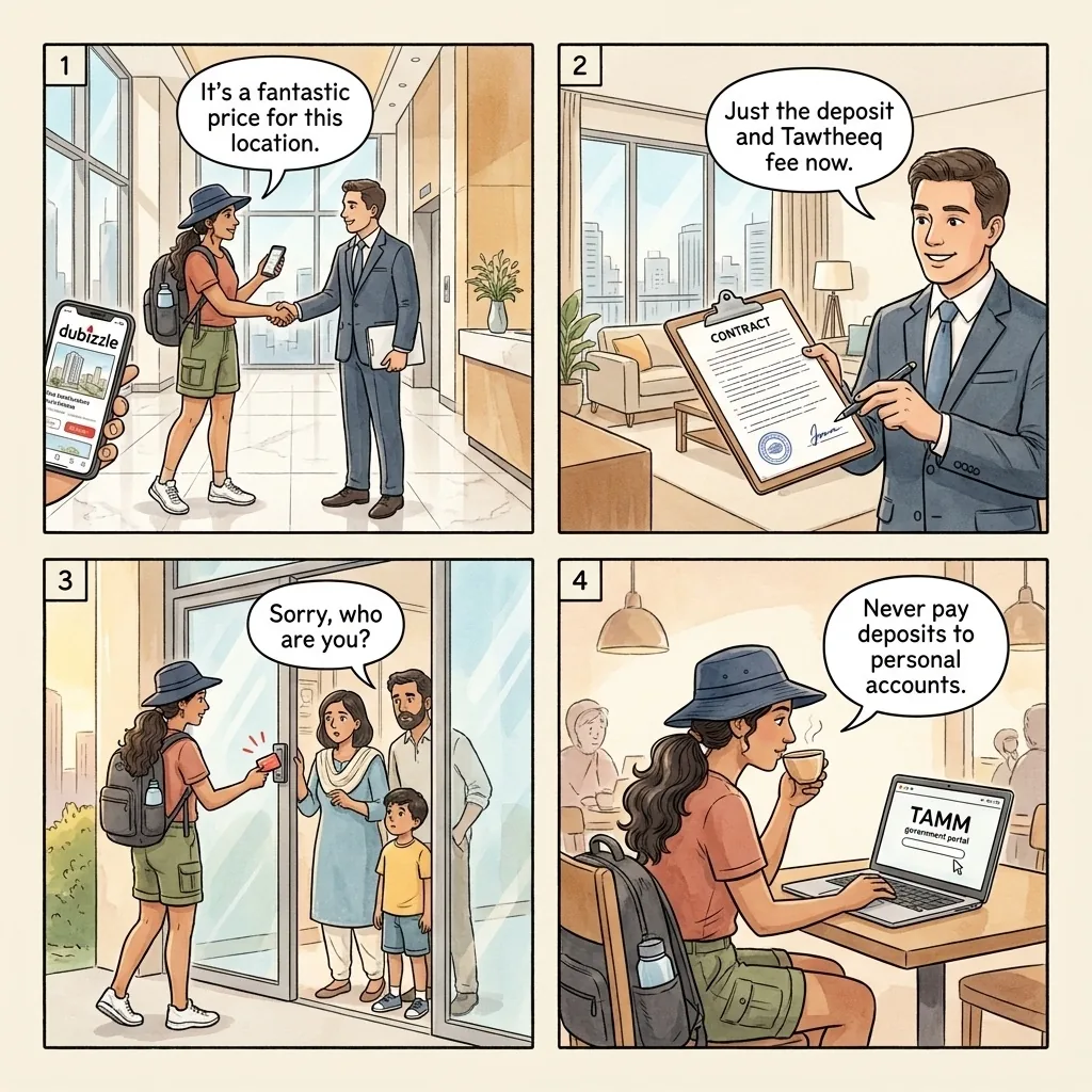 Dubizzle rental-deposit fraud — comic illustration