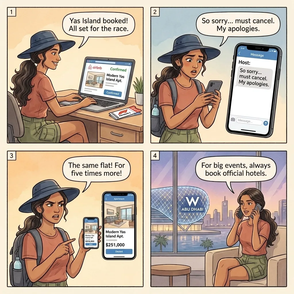 Yas Island race-weekend Airbnb cancel — comic illustration