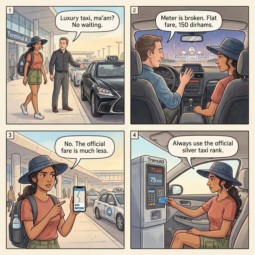 Airport luxury-taxi overcharge & detour — comic illustration