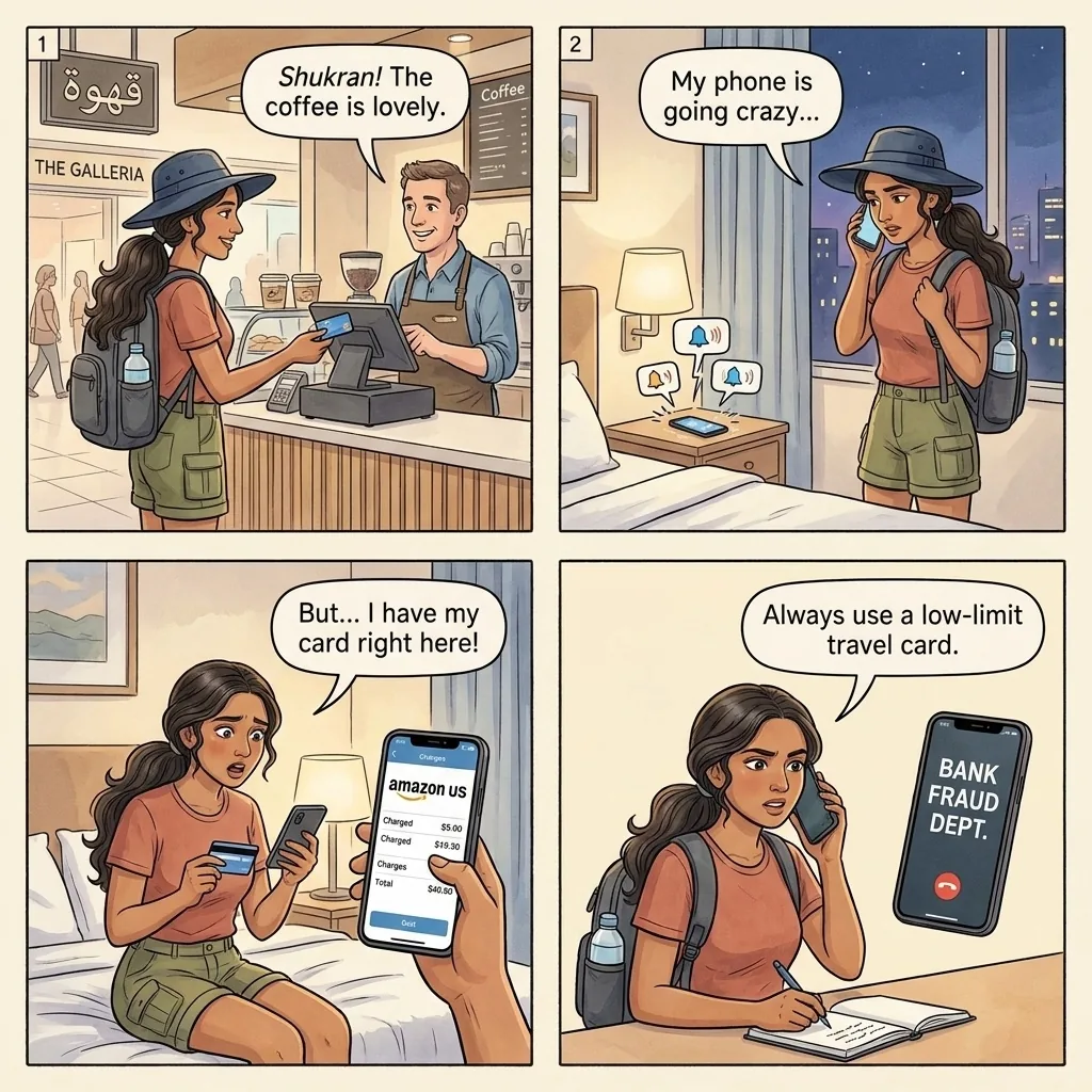 Card cloning + overnight Amazon drain — comic illustration